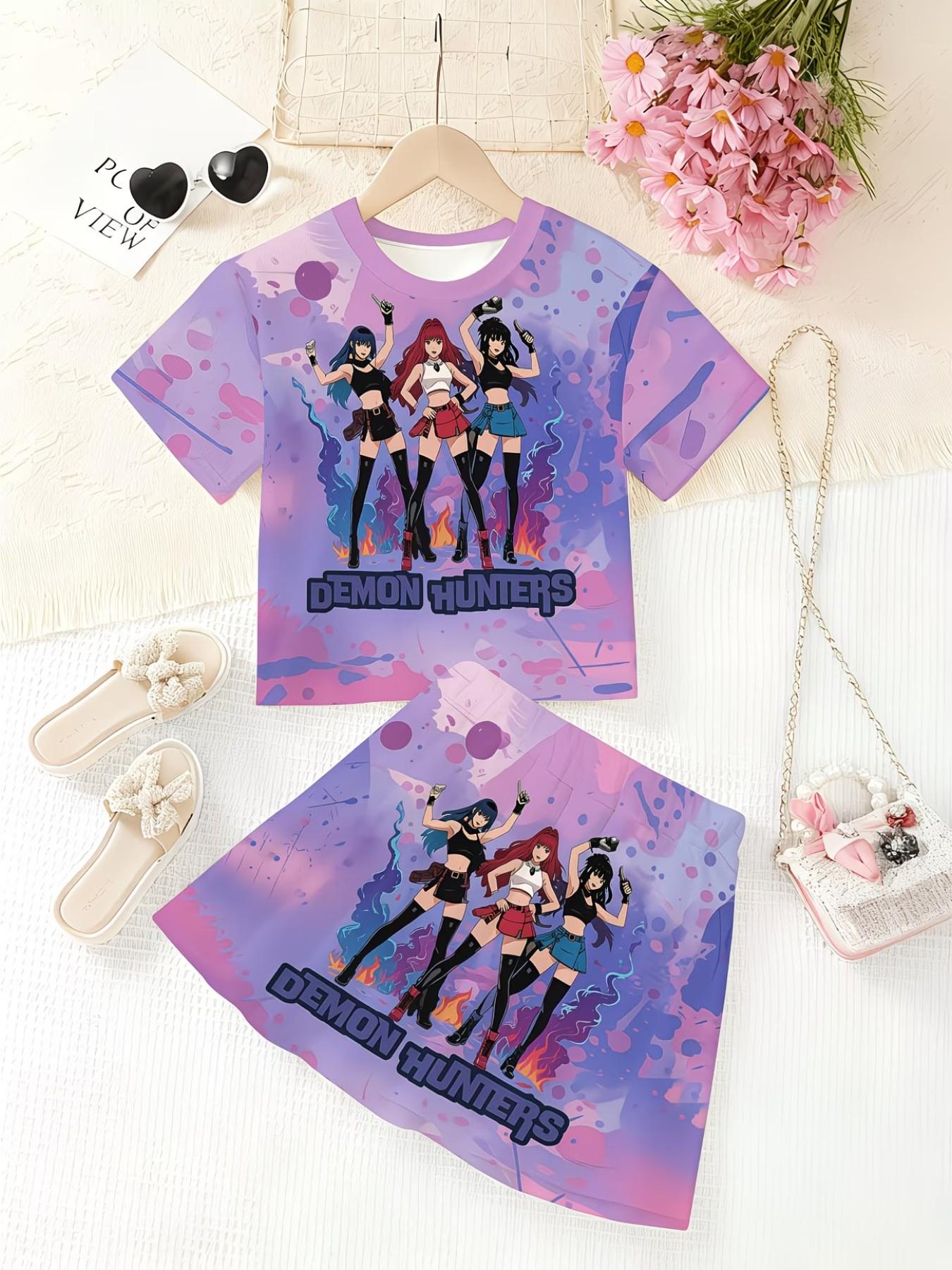 Girls' 3D Cartoon Print Top and Skirt Set, Casual Slim-Fit Summer, Round Neck Short Sleeve, Daily Wear for Kids