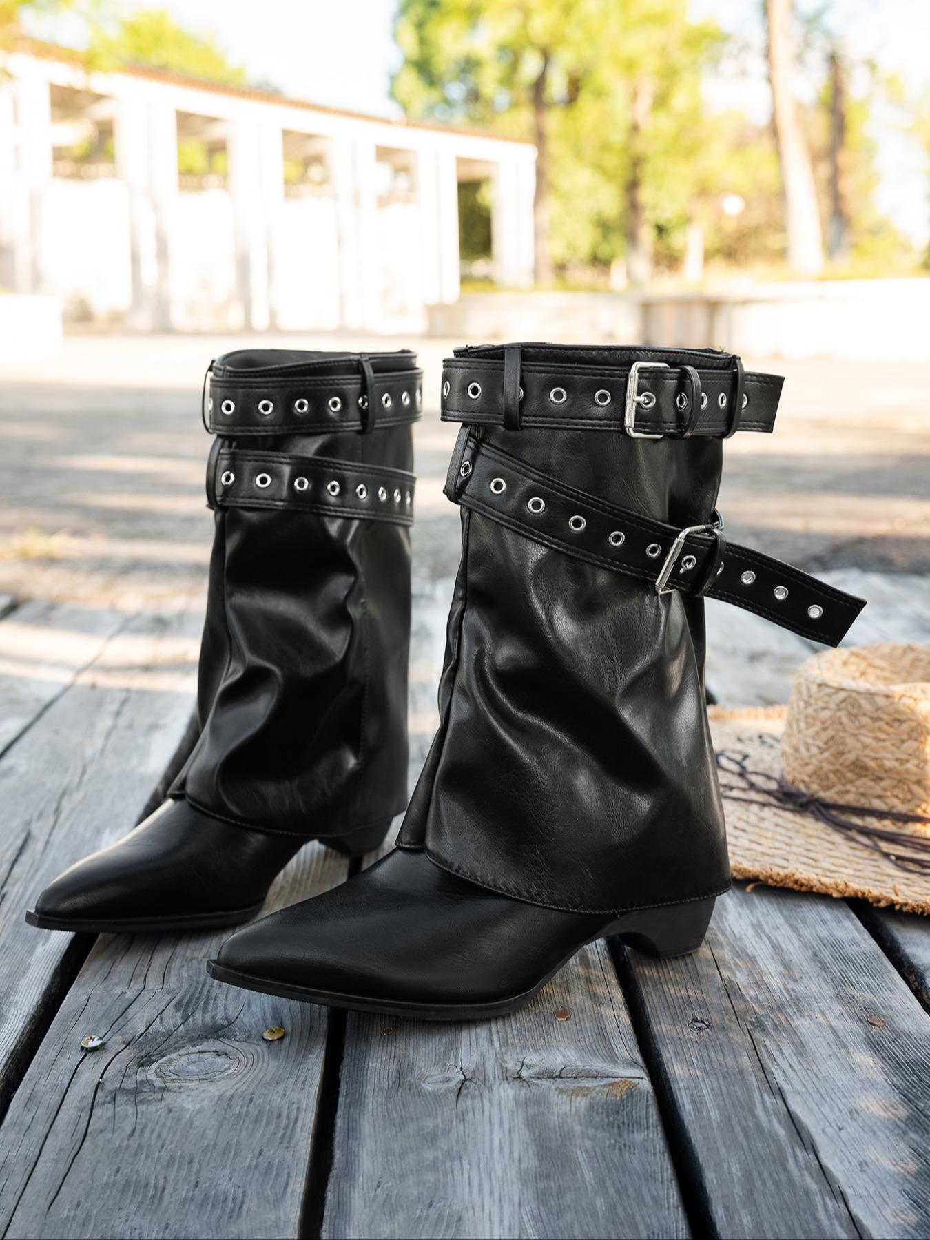 Women's High Heel Pointed Toe Short Boots, Soft Leather Boot Tube with Metal Buckle Decor, Vintage Western Cowboy Style Fashion Boots, Western Cowgirl Boots