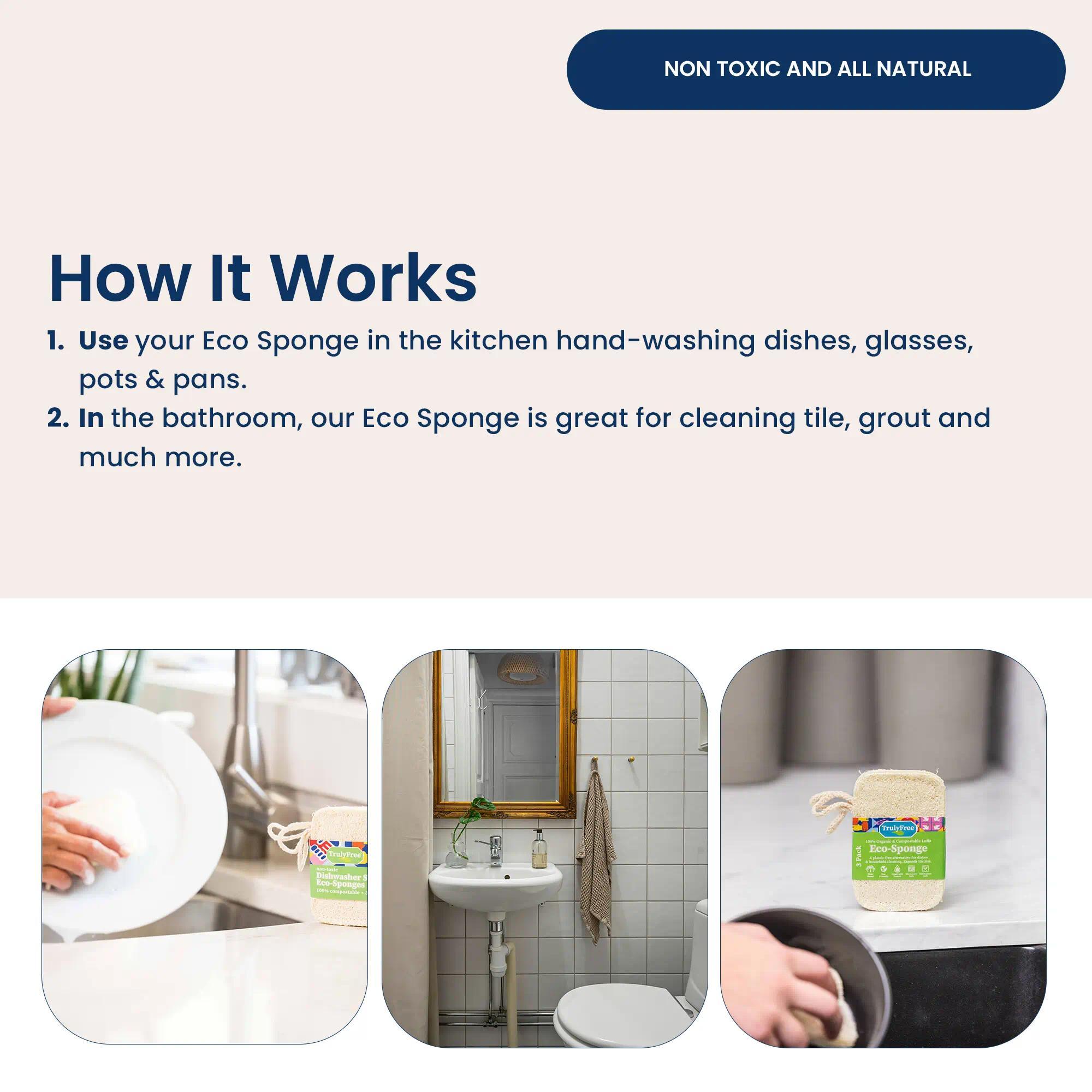 Free Natural Cleaning Sponges, Sponges For Cleaning, Non Toxic Sponges, 100% Organic Luffa Dish Scrubber, Plant-Based, Compostable, Biodegradable Sponges, Cruelty Free, Non Scratch Scouring Pad, 4.4 x 2.8, Pack of 3 Cleaner