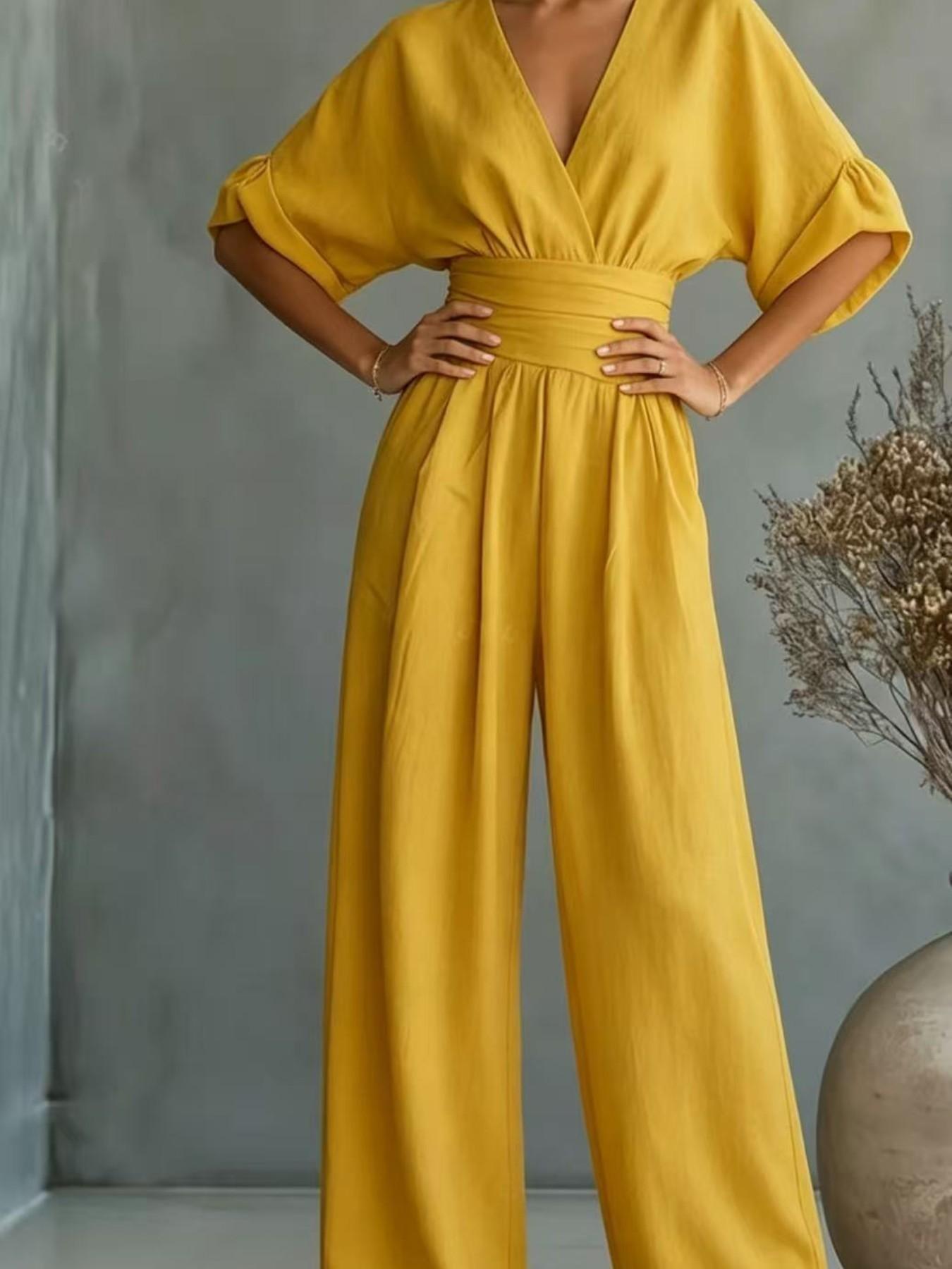 Women's Fashion Solid Color Short Sleeve V Neck Bodycon Pants, Comfortable Soft Fabric, Multi Colors, Casual Office Vacation Style, Casual Jumpsuits, Womenswear
