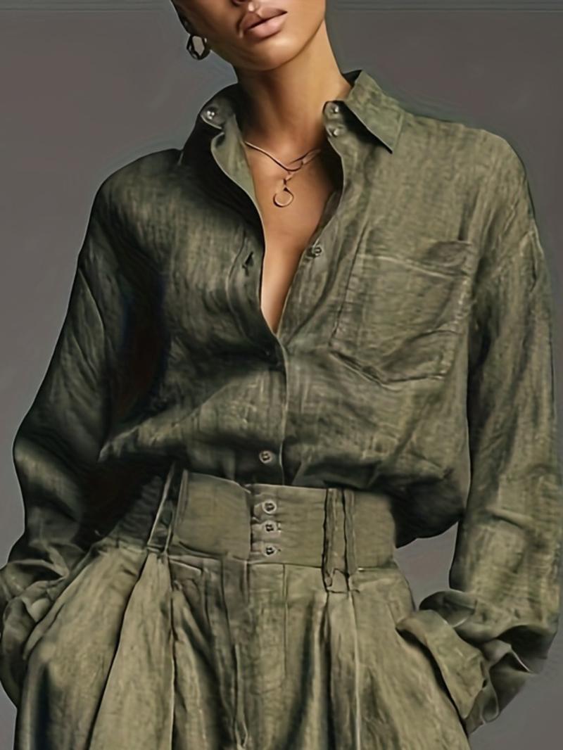 Spring & Fall Women's Fashion Two-Piece Set, Solid Color Shirt and Long Pants, Casual Style, Perfect for Daily Wear