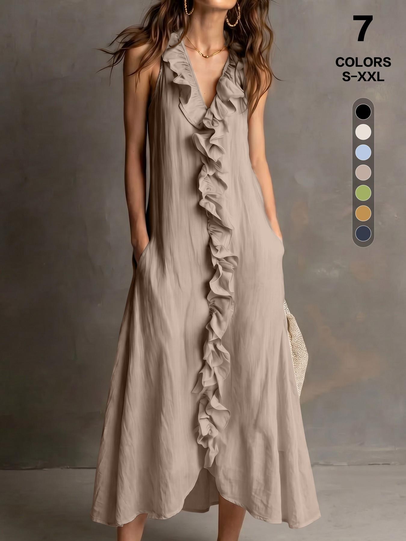 Elegant Chic Summer Boho Bohemian V-Neck Sleeveless Halter Maxi Dress for Women with Ruffle Trim, Comfortable Textured Fabric, Pockets, Multi-Size, Casual Wear, Everyday & Vacation Wear, Womenswear