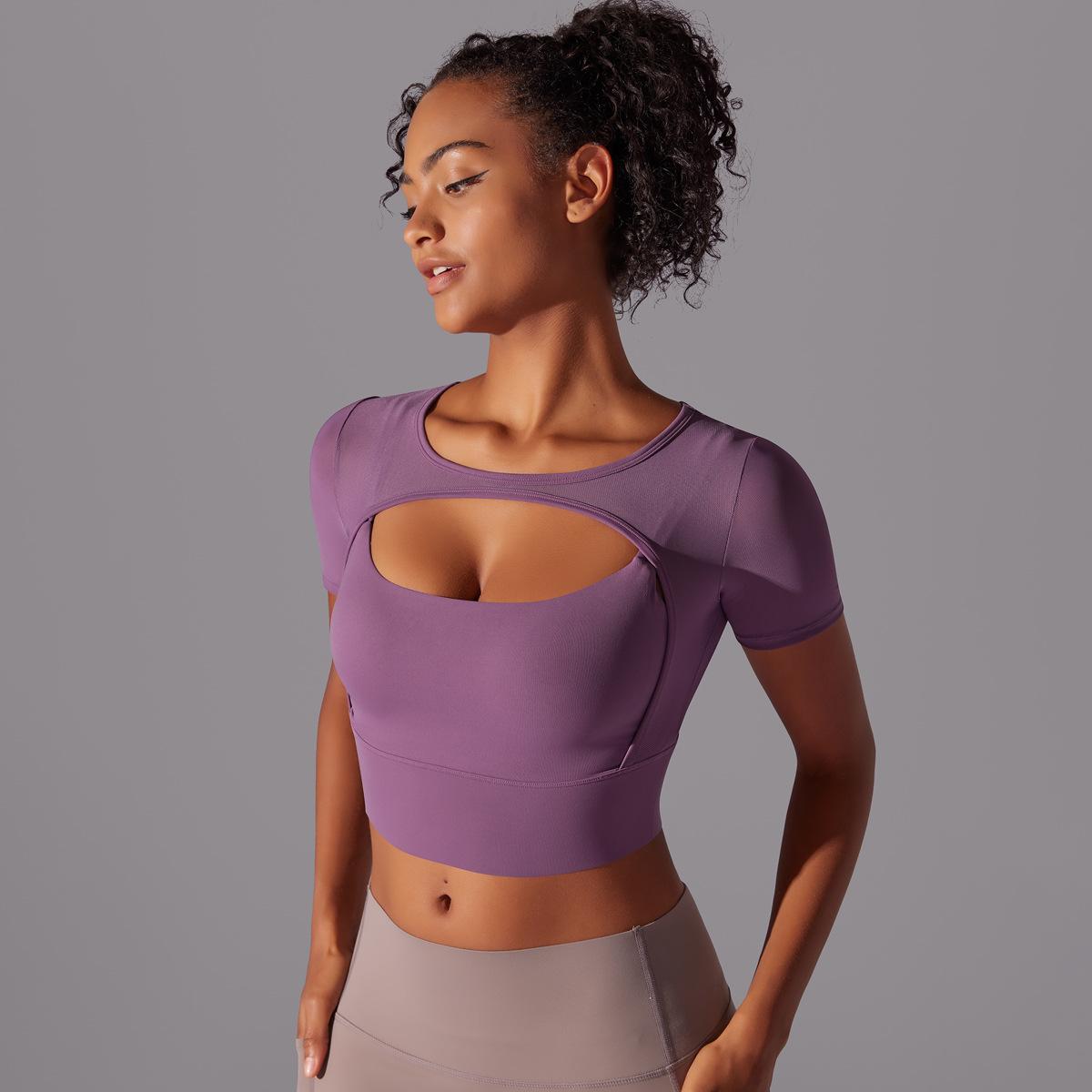 Classic Solid Color Mesh Stitching Double-Layer Short Sleeve Racerback Bra Top Women - Running, Fitness, Yoga Workout Top1123