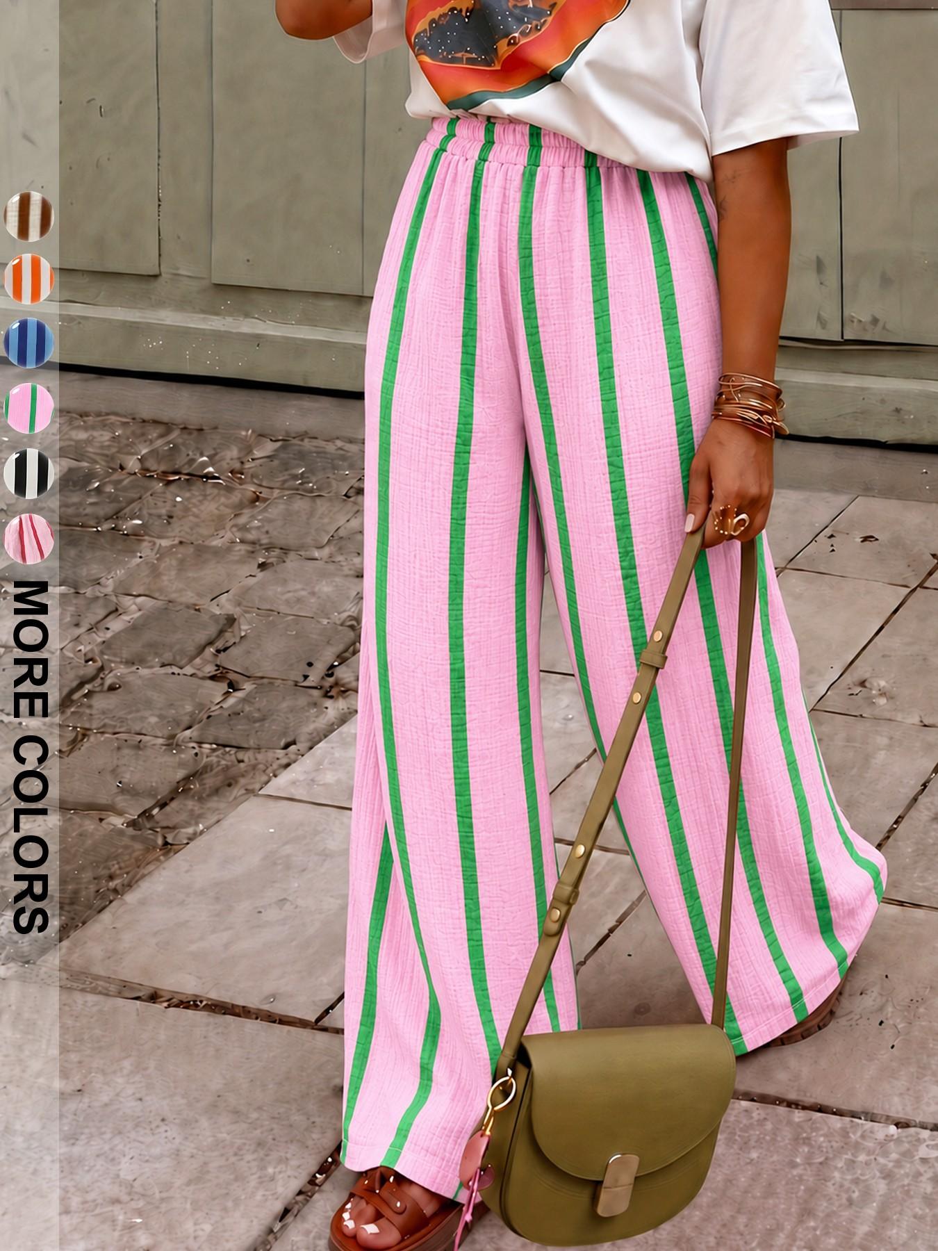 Women's Summer Long Pants Trouser, Breathable Striped Wide Leg, Multiple Colors Available, Elegant Loose-Fitting Style