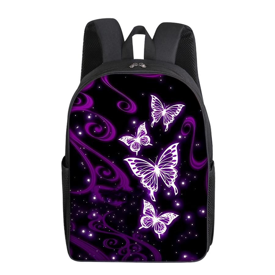 Purple Butterfly Pattern Printed 16-inch Single-layer Backpack