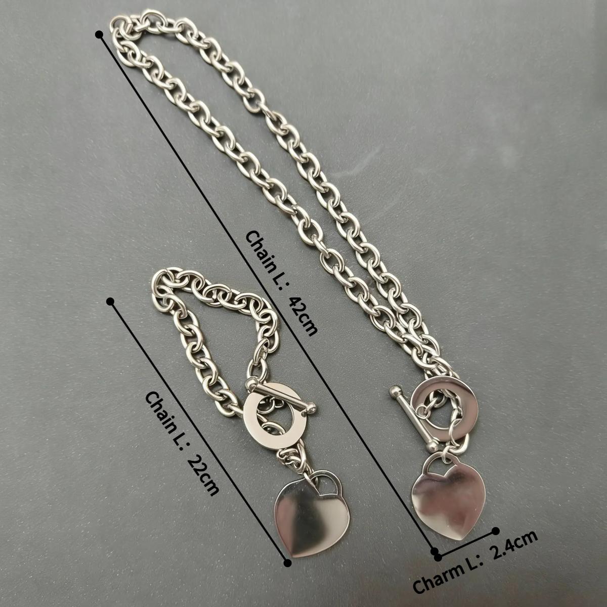 Vintage Timeless Heart Necklace Bracelet Set For Women Men Viral Classic Minimalist Chunky Chain Jewelry Kit Daily Stackable Accessory Y2K Dark Academia Neutral Aesthetic Unisex Matching Gift Set For Girlfriend Friend Office Outfit Layering