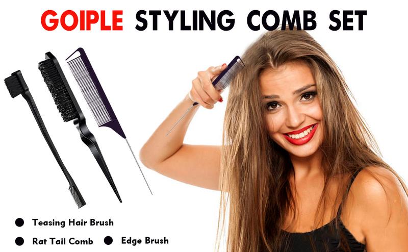 3 Count Comb Set for Teasing Edge and Back Brushing Rat Tail and Edge Combs Hair Stick for Styling Women's Haircare Compact Design Smooth (Black)