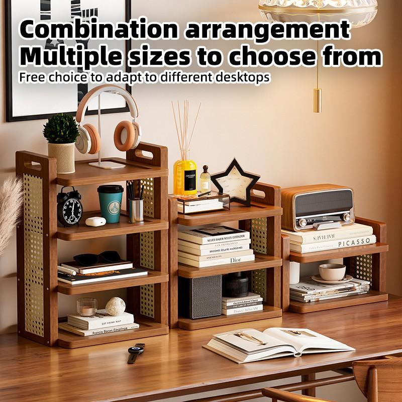 1pc Bamboo Desktop Organizer, Woven Style Bookshelf, Handheld Figure Display Rack, Cosmetic Holder, Cup Storage, Living Room Kitchen Use