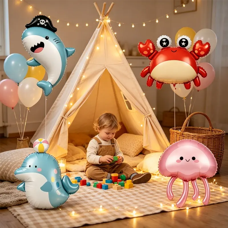 4pcs Ocean Animal Balloon Set, Underwater Party Decorations, Pirate Shark, Whale, Jellyfish, Crab Foil Balloons, Kids Birthday, Baby Shower, Ocean Theme Parties