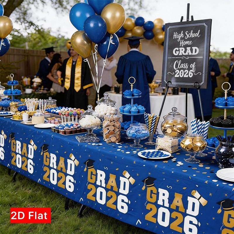 2D Flat Party Tablecloth 1pc, Graduation Ceremony Tablecloth, Grad 2026 Blue Text, Essential Decoration, No Power Needed