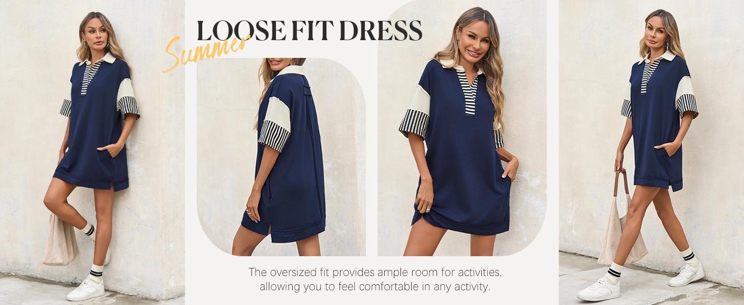 Wenrine Women's Polo V Neck T Shirt Dress Casual Summer Oversized Color Block Short Sleeve Sweatshirt Mini Dresses Wenrine Women's Polo V Neck T Shirt Dress Casual Summer Oversized Color Block Short Sleeve Sweatshirt Mini Dresses