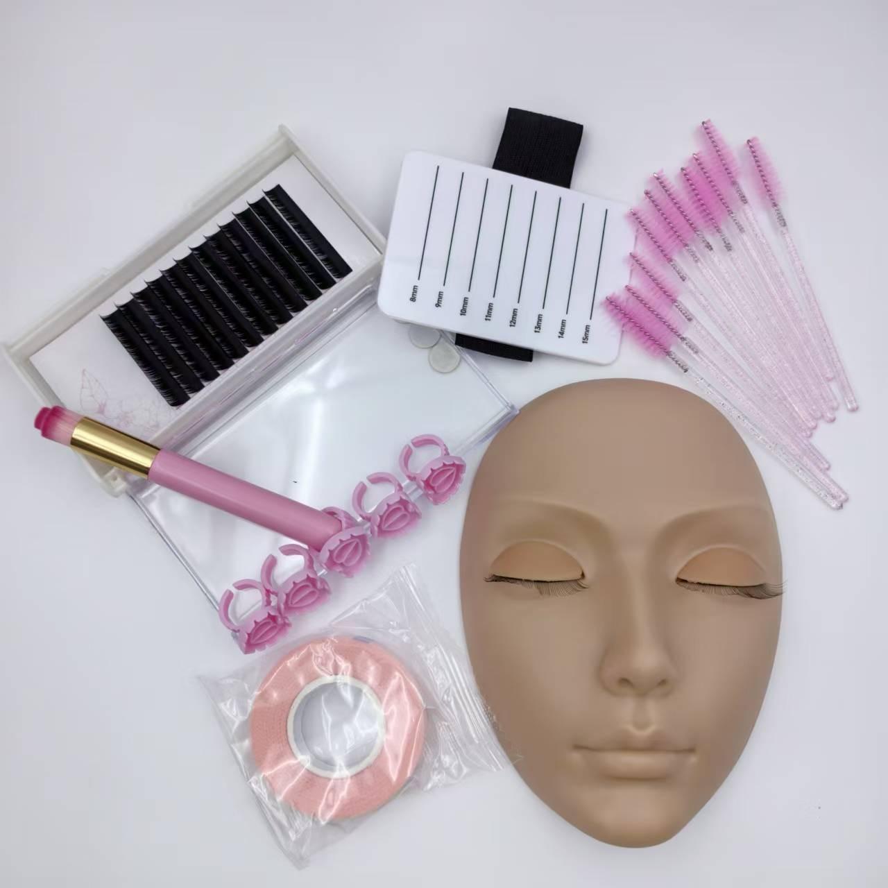 Portable False Eyelash Cosmetic Practice Set with Head Model, Eyelash Box, Adhesive Tape, Eyelash Glue, Mousse Brush, and Rings, Ideal for Eyelash Application Training