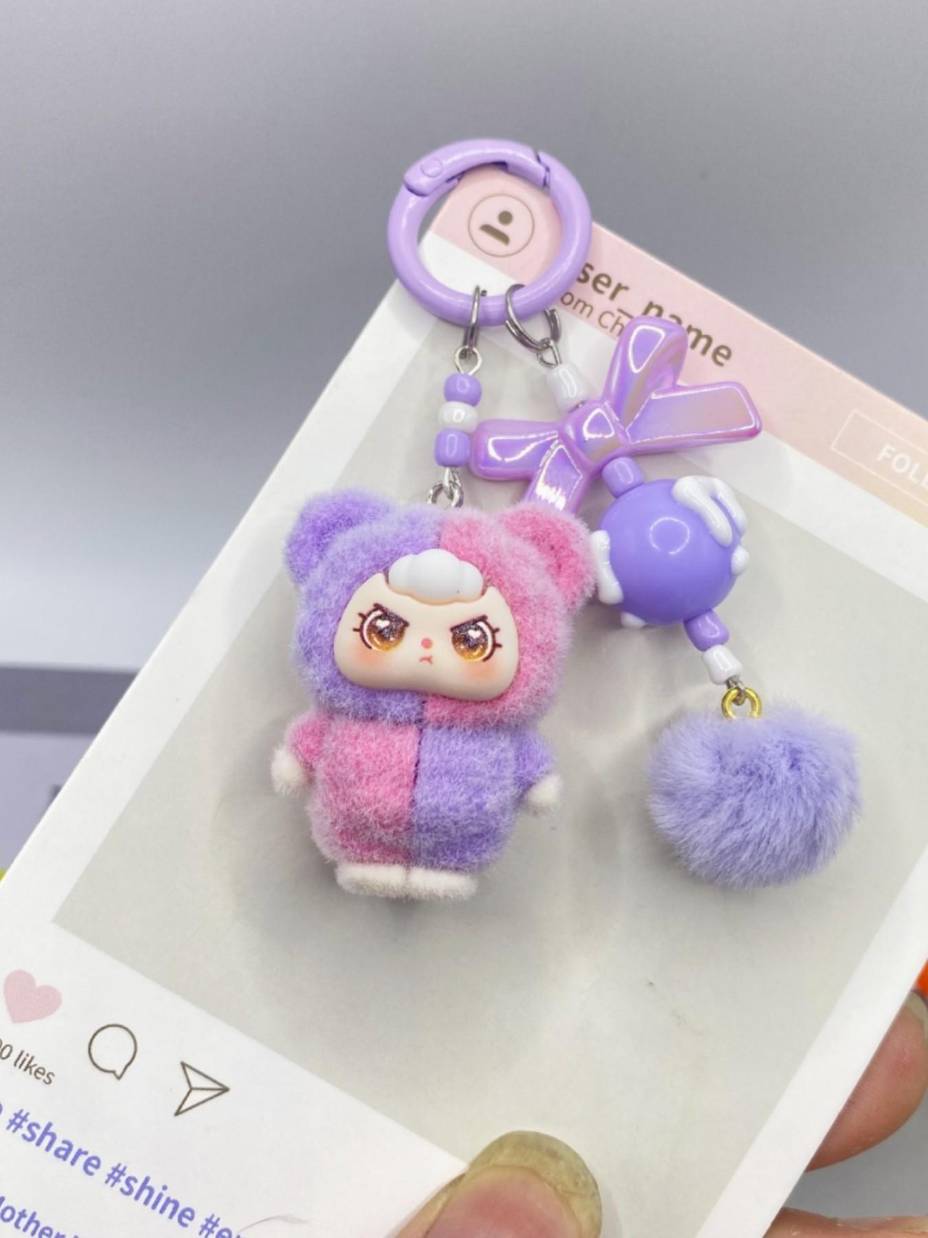 Kawaii Cute Dopamine Flocked 3-Year-Old Doll Keychain, Color Block Bow Moe Beads Bag Charm, Sweet Backpack Pendant Car Key Ornament Phone Strap, Ideal Birthday Christmas Valentine's Day Gift for Student Girls