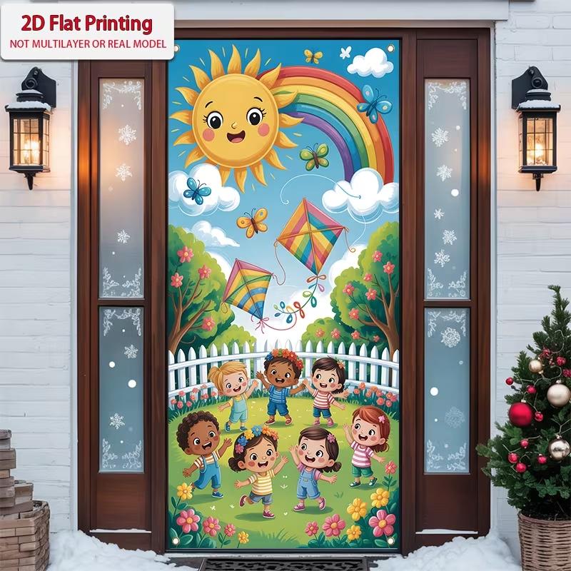 2D Flat Happy Kids Spring Summer Door Banner, Cartoon Sun Rainbow Kite Garden Backdrop, Kids Birthday Party Classroom Decor