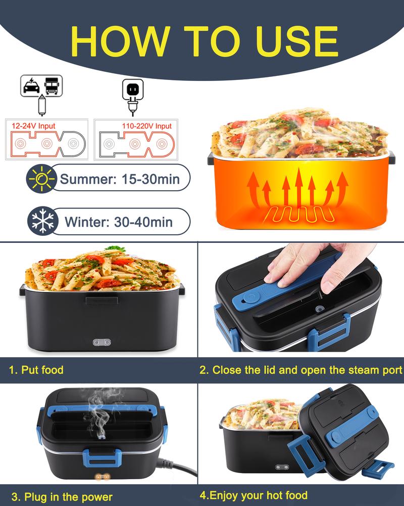 80W Electric Lunch Box Food Warmer, Plug-In Electric Lunch Box, 12V/24V/110V Self-Heating Lunch Box for Work and Travel with Insulated Pouch 1.5L/1.8L