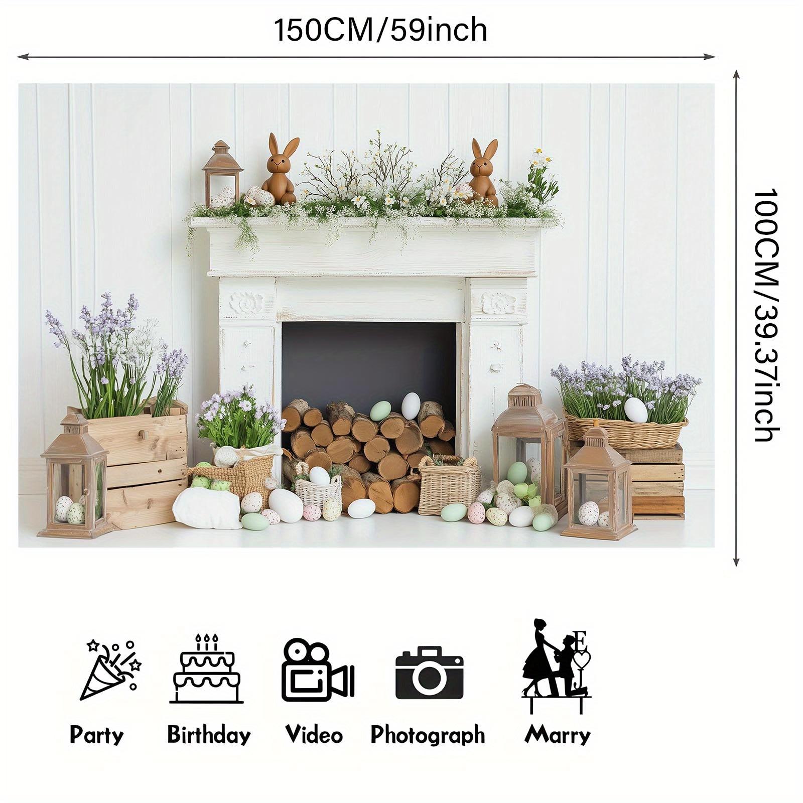 1pc White Fireplace Easter Bunny & Eggs Backdrop Banner - Rustic Spring Decor with Greenery, Wooden Logs & Lanterns for Home, Garden, Parties & Themed Events, Easy Hanging Indoor/Outdoor Use, Festive Backdrop | Springtime Ambiance | Pastel Colored