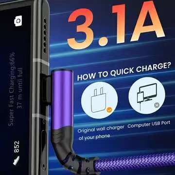 Fast Charging Type-C Data Cable, Right Angle USB to USB-C Design, Compatible with Samsung Huawei Xiaomi Redmi Oppo Oneplus Cellphone Smartphones