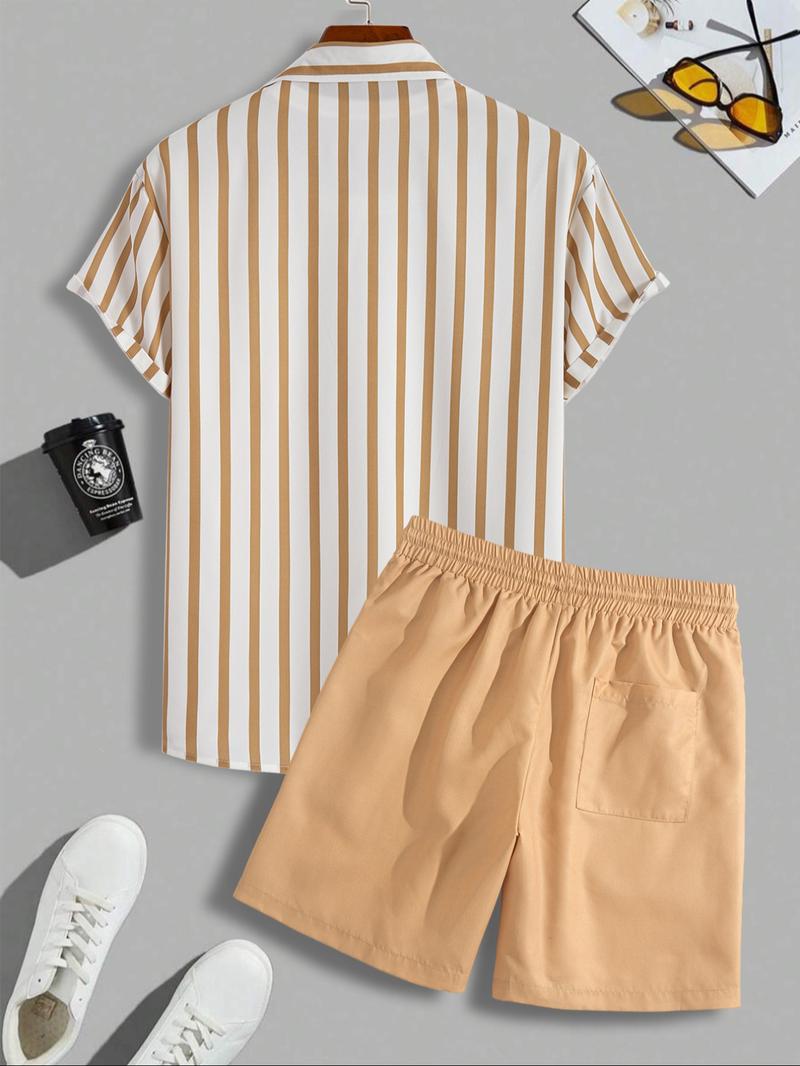 Men's Colorblock Striped Print Button Front Shirt & Shorts Set, Casual Short Sleeve Collared Top & Shorts, Men's Summer Clothes for Beach Vacation