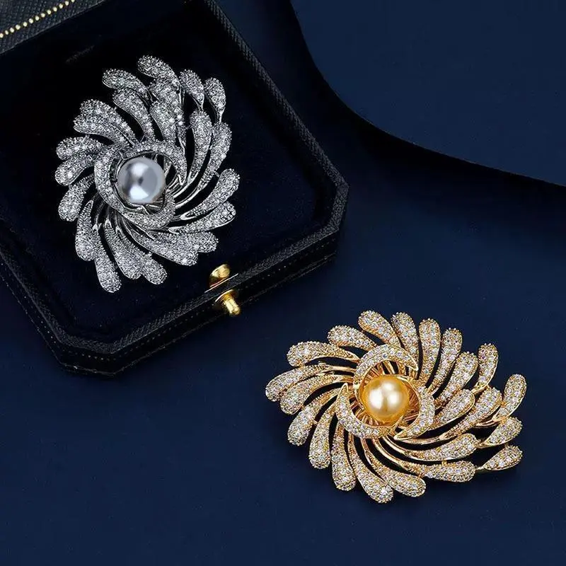 2PC  Elegant Oversized Firework Floral Brooch Full Paved Shiny Zirconia Central Lustrous Pearl Statement Lapel Pin Gold Silver Two Tone Luxury Suit Coat Evening Dress Decor Jewelry Gift For Women