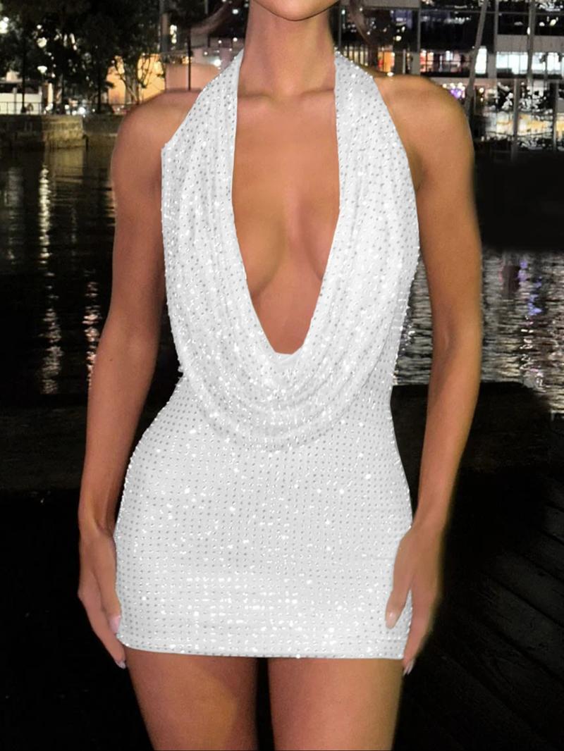 Elegant Slim-Fitting Backless Halter Dress with Deep V Neck, Polka Dot Pattern for Fall, Stylish Bodycon Dress for Women