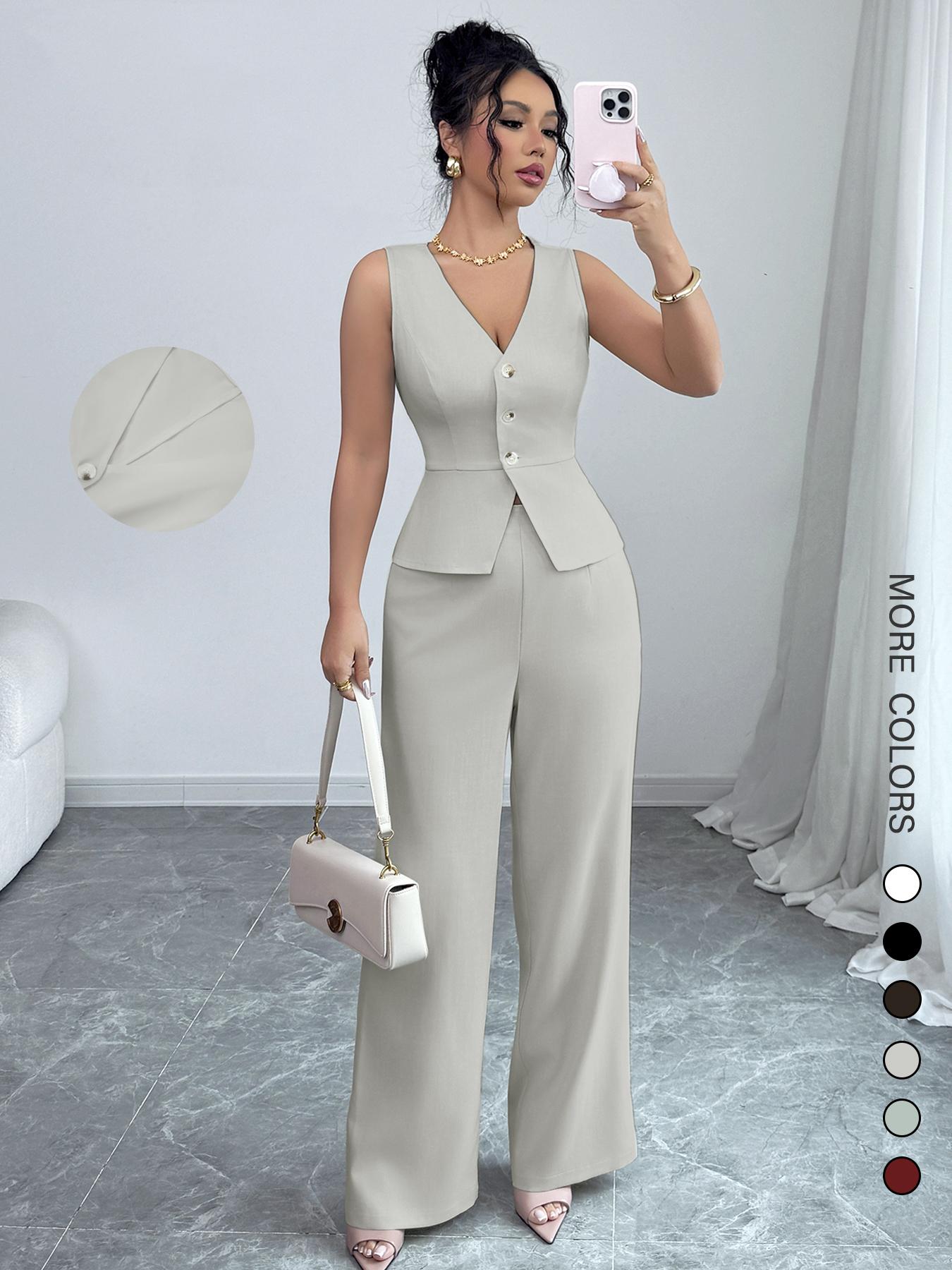 Elegant Women's V Neck Sleeveless Bodycon Vest & High Waist Pants Set, Spring Summer Fashion Two-Piece, Slim Fit Casual Wear