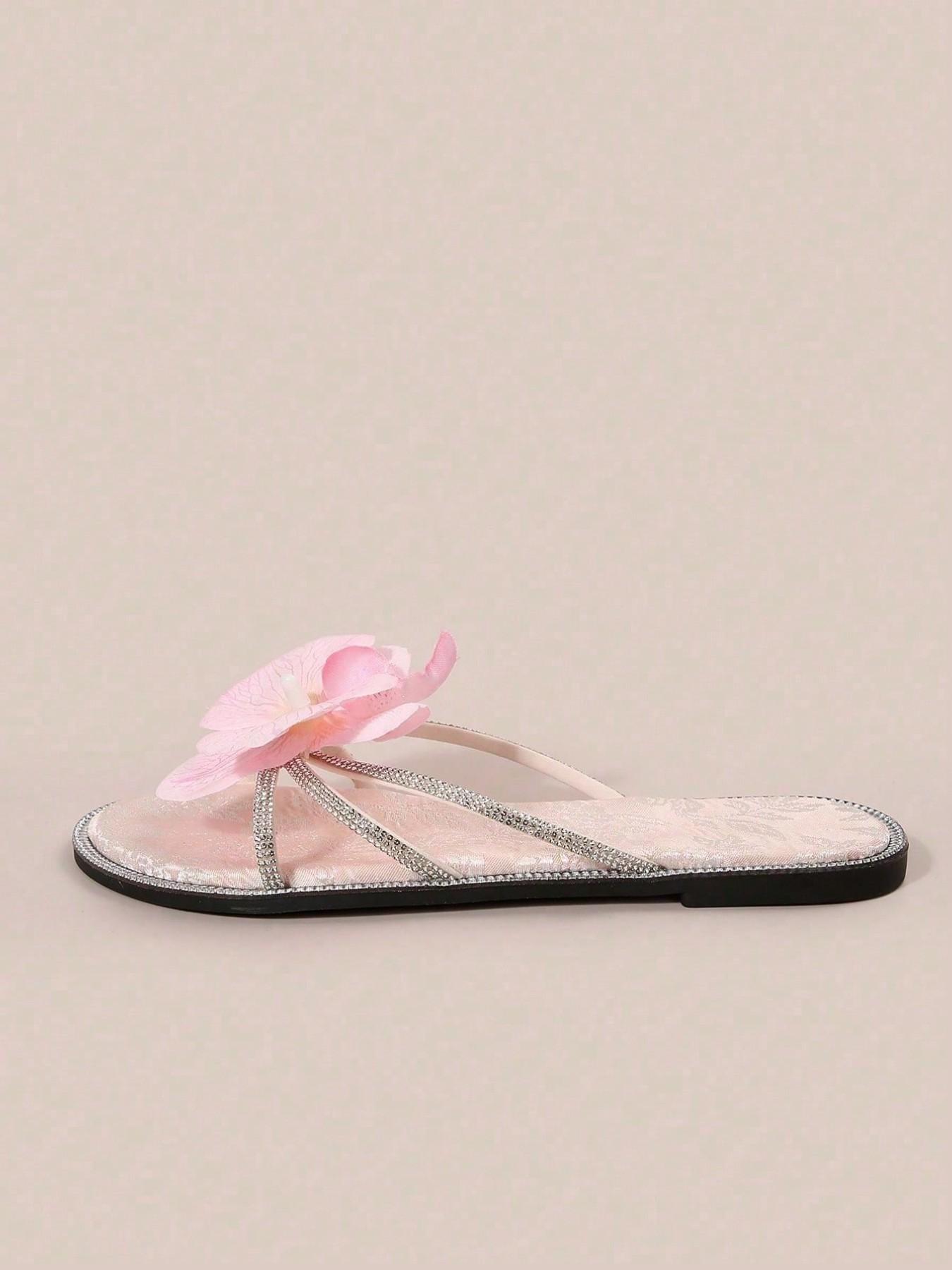 French 3D Flower Rhinestone Design Cute Fairy Commute Party Stickers, Soft Sweet Style Flat Sandals for Beach Wedding Office Home Outdoor Summer