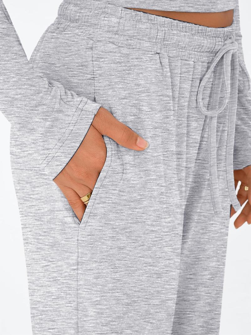 Women's 2 Piece Matching Lounge Set, Long Sleeve Slightly Crop Top & Wide Leg Pants, Casual Sweatsuit for Fall & Winter