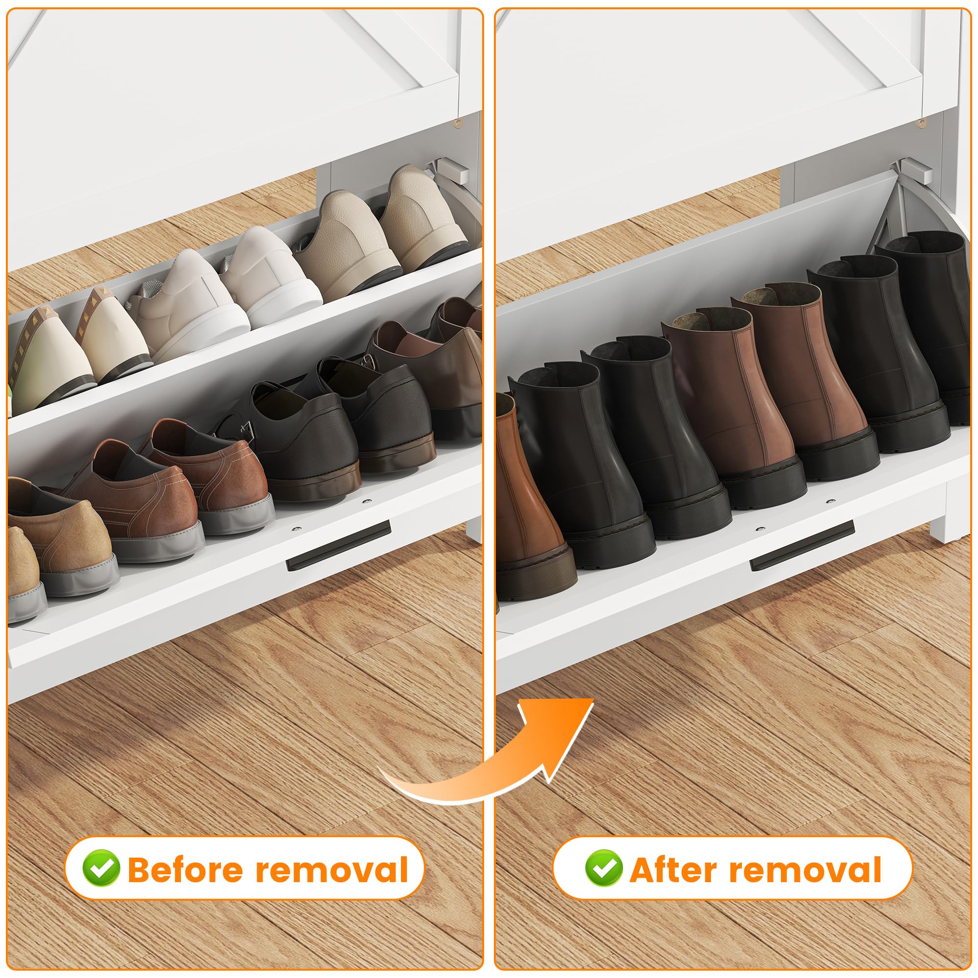 4 Tires Farmhouse Shoe Organizer with Open Storage Shelf & Barn Door, Shoe Storage Cabinet with 2 Flip Drawers, Adjustable or Removable Freestanding Hidden Narrow Shoe Rack for Foyer