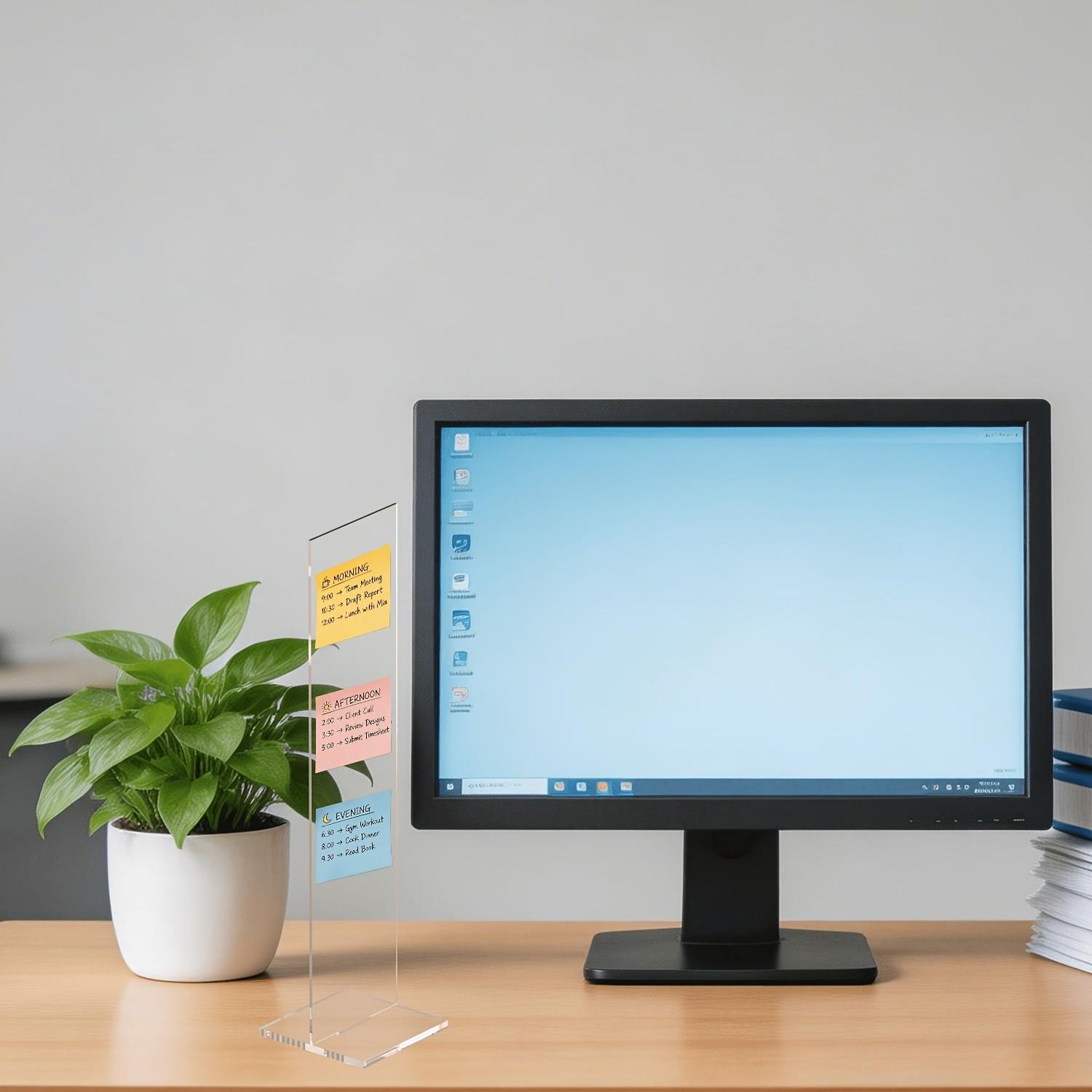 Detachable Transparent Acrylic Memo Board with Stand, Computer Screen Memo Clip, Message Board, Office Desktop Accessory