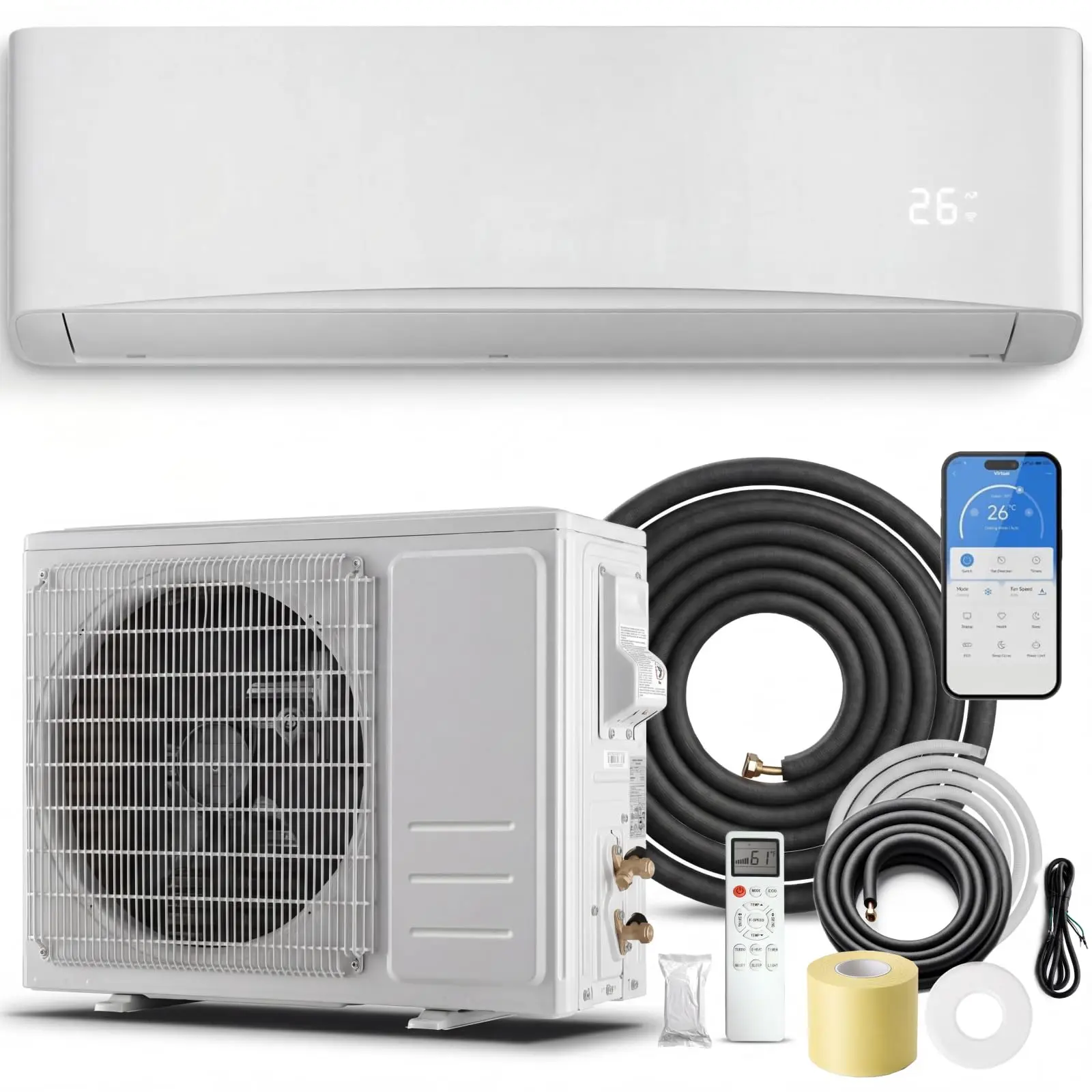 9000 BTU WIFI Mini Split Air Conditioner with Heat Pump, 17 SEER