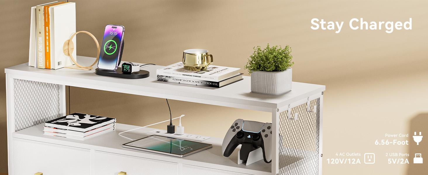 Bedroom Dresser TV Stand with LED Lights & Charging Station, 6 Fabric Drawers with Side Pockets, Wide Storage Dresser for Bedroom, Living Room, or Closet, Modern Media Console for TVs up to 43" Cupboard Furniture