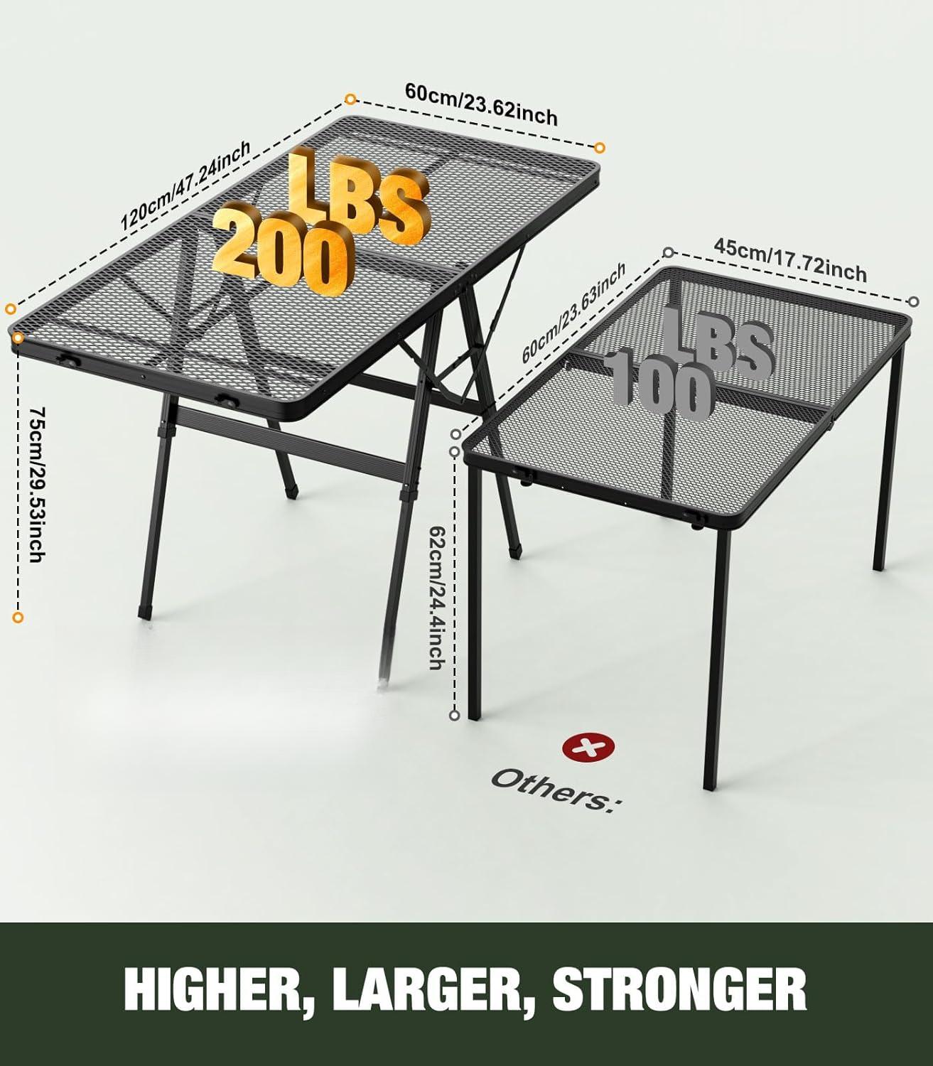Foldable Grill Table with Mesh Desktop, 200lbs 4Ft Portable Folding Table, Height Adjustable Metal Table for Ourdoor, Camping, Picnic, BBQ and Beach, RV, 47.24" L x 23.62" W