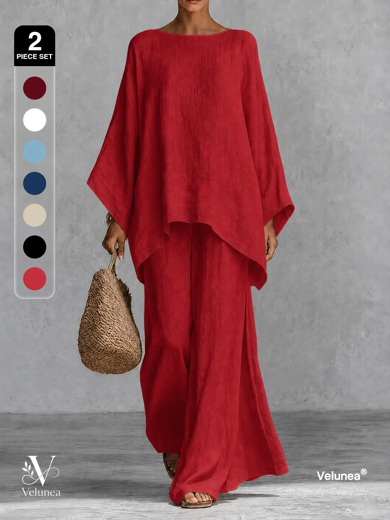 | 2-Piece Set | Velunea Women’s Elegant Casual Wide Leg Pants Set, Draped Cape Top and Flowing Trousers Matching Outfit, Minimalist Resort Wear for Vacation and Everyday Chic