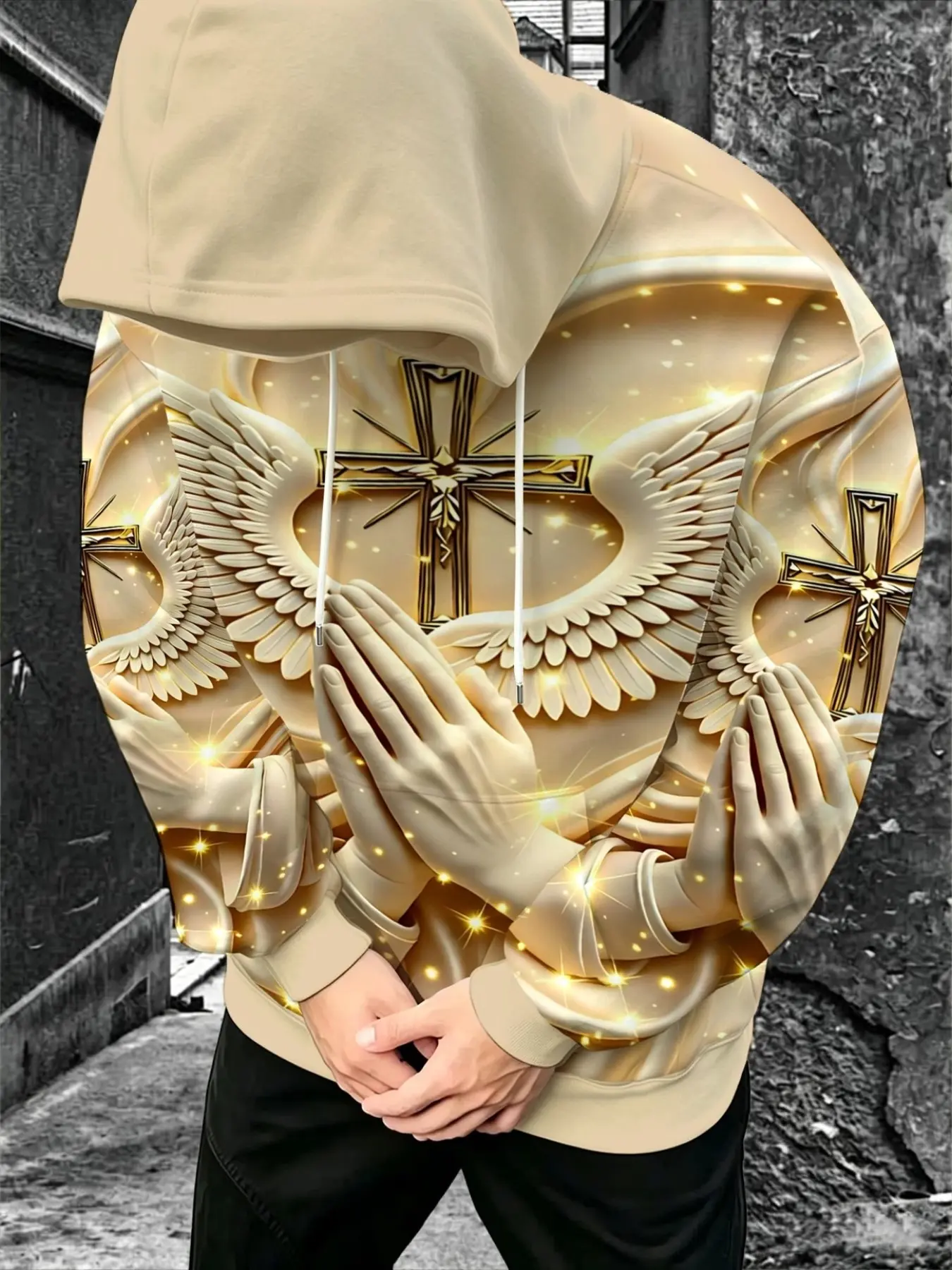 Men's Hooded Sweatshirt, Prayer Hand Cross Wings Print, Sporty Loose-Fit Pullover, Daily Casual Fitness Wear, Graphic Sweatshirt