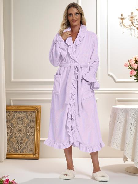 Fall & Winter Fitted Flannel Long-Sleeved Robe with Ruffle Hem, Cozy Warmth and Elegant Style, Thick and Soft Layered Bathrobe