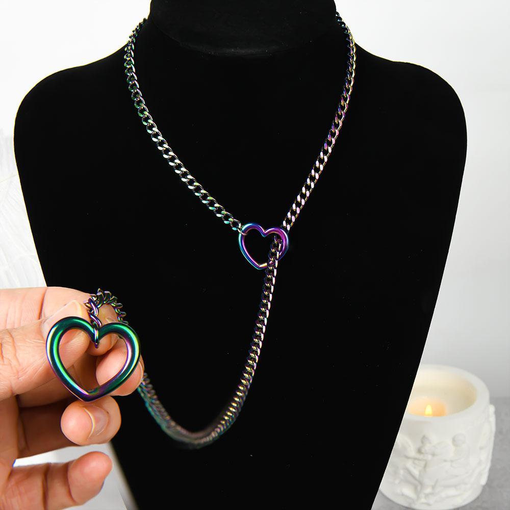 Heart & O Shape Slider Chain Necklace for Women, Punk Rock Style Cuban Link Long Y Lariat Necklace, Adjustable Sliding Design, Unique Elegant Jewelry, Perfect for Daily Wear & Gift Giving