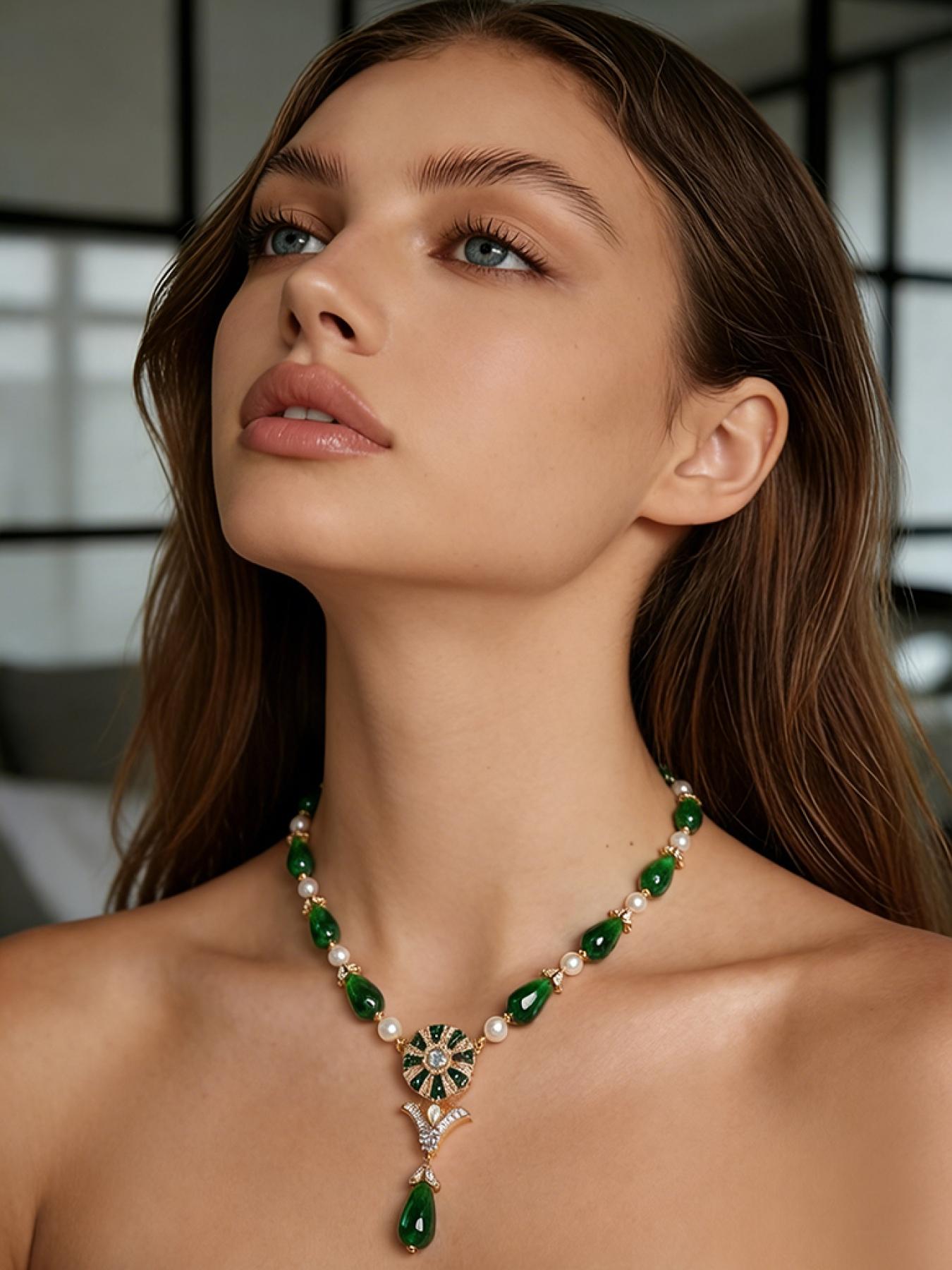 A vintage green teardrop-shaped gemstone and pearl alternating necklace, suitable for daily commuting, vacation, and dates, and also a delightful and exquisite small gift.