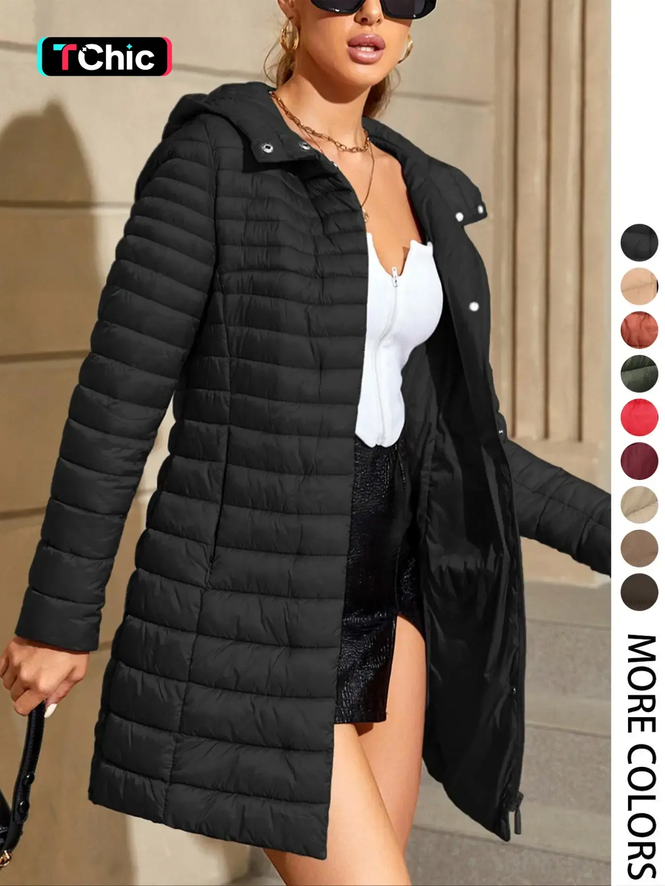 Women's Mid-Length Puffer Coat, Casual Hooded Button Long Sleeve Jacket with Pockets, Womenswear Fall & Winter Warm Woven Outerwear, Lightweight Thick Fabric, Lady, Sleeve