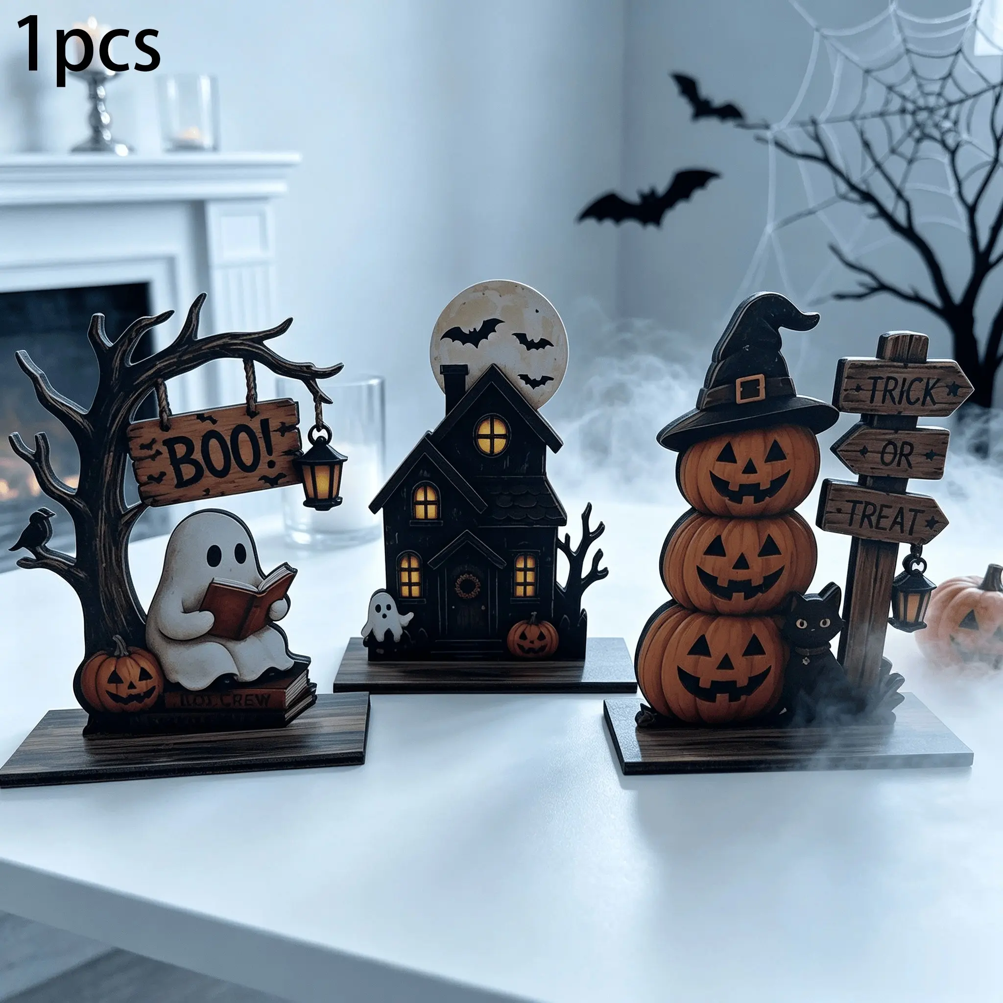 Halloween Layered Tray Decor Set, Ghost and Pumpkin Wooden Shelf Decor, Horror House Desk Decor, Rustic Fall Home Decor, Halloween Centerpiece, Cute Ghost Gift, Festive Decoration