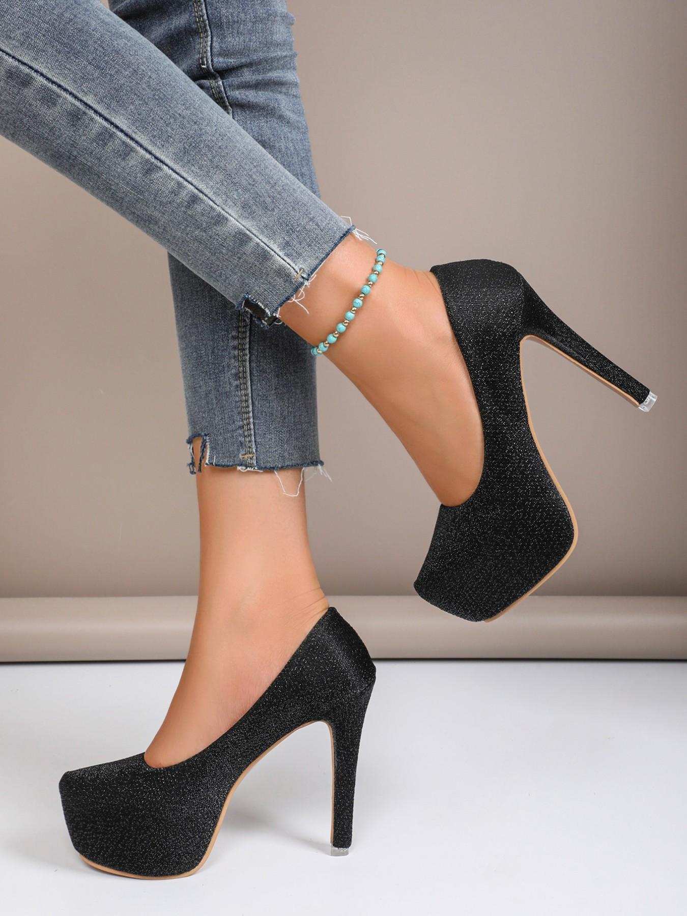 12cm High Heel Women's Shoes, Fashionable Round Toe, Sparkly Crystal Sole, Waterproof Platform, Slimming Thick Bottom, All-Season Style