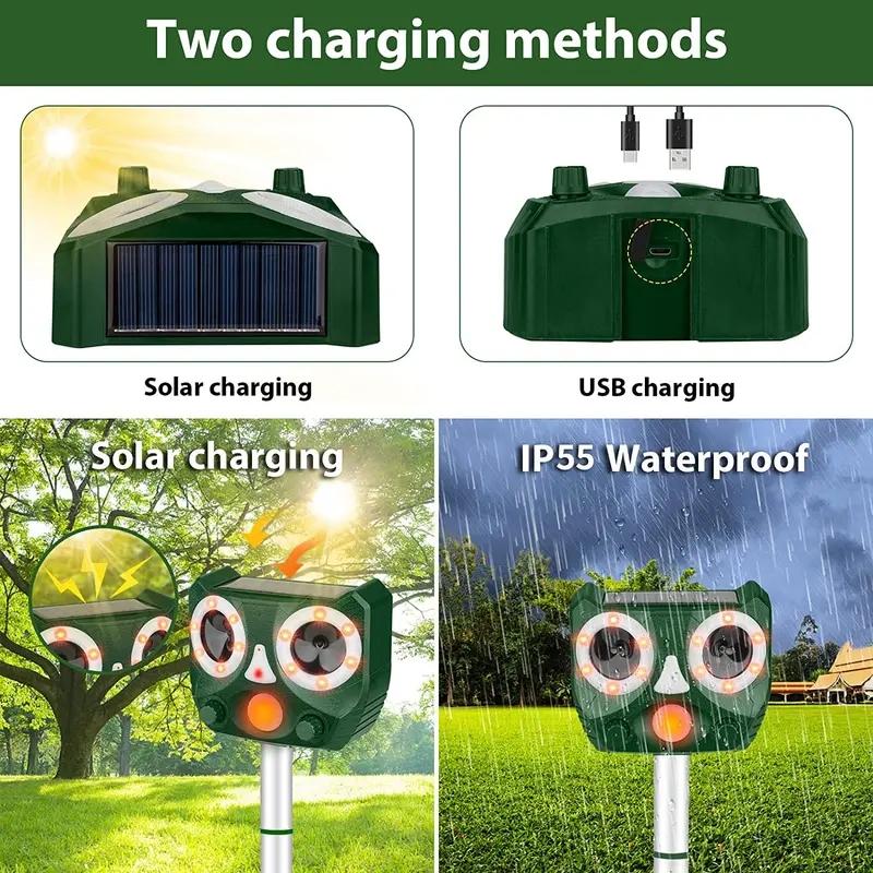 Solar-Powered Ultrasonic Animal Repeller, Rechargeable Motion Activated Outdoor Bird Deterrent, Protects From Deer Squirrels Cats Raccoons Birds
