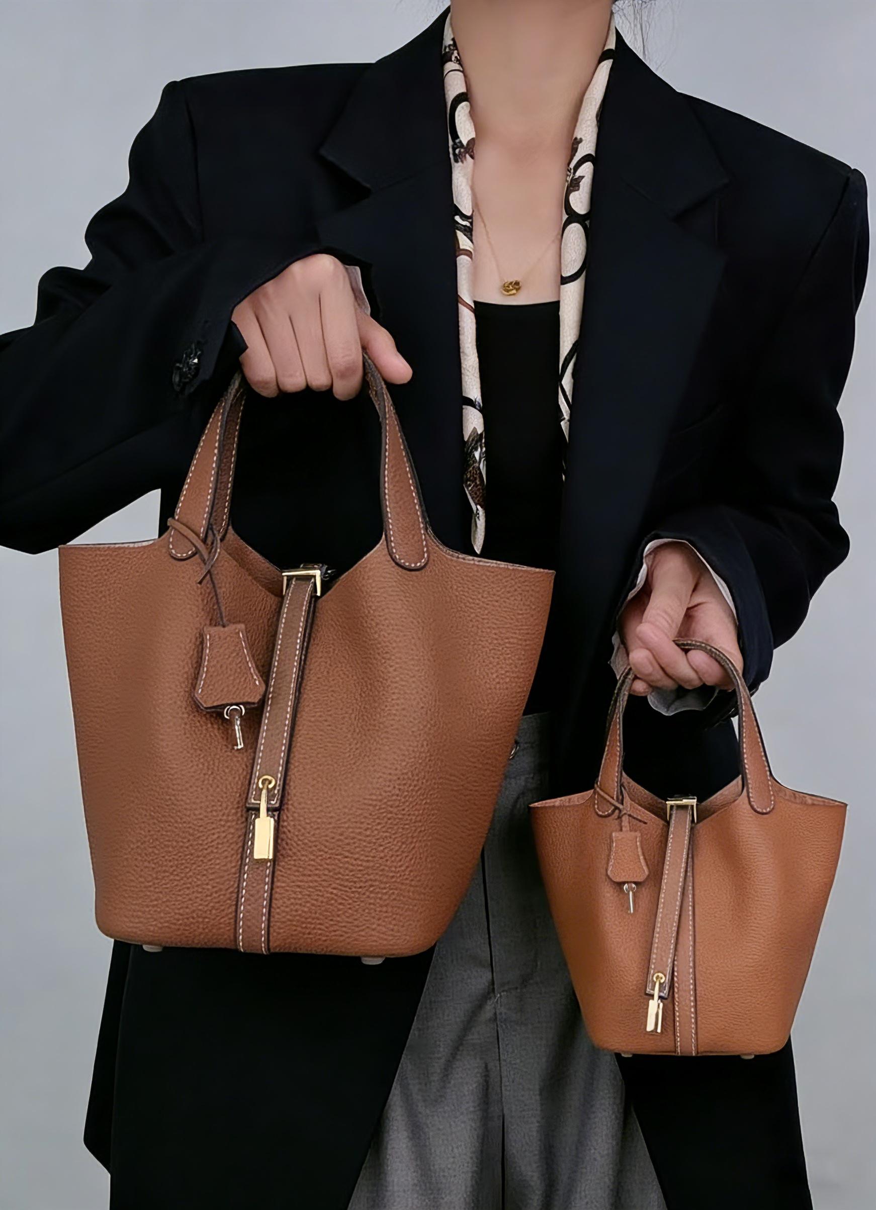 Women's Fashion Solid Color Casual Versatile Genuine Leather Handbag, Fashionable Bucket Bag, Stylish and Practical Accessory for Everyday Use, Perfect for Any Occasion