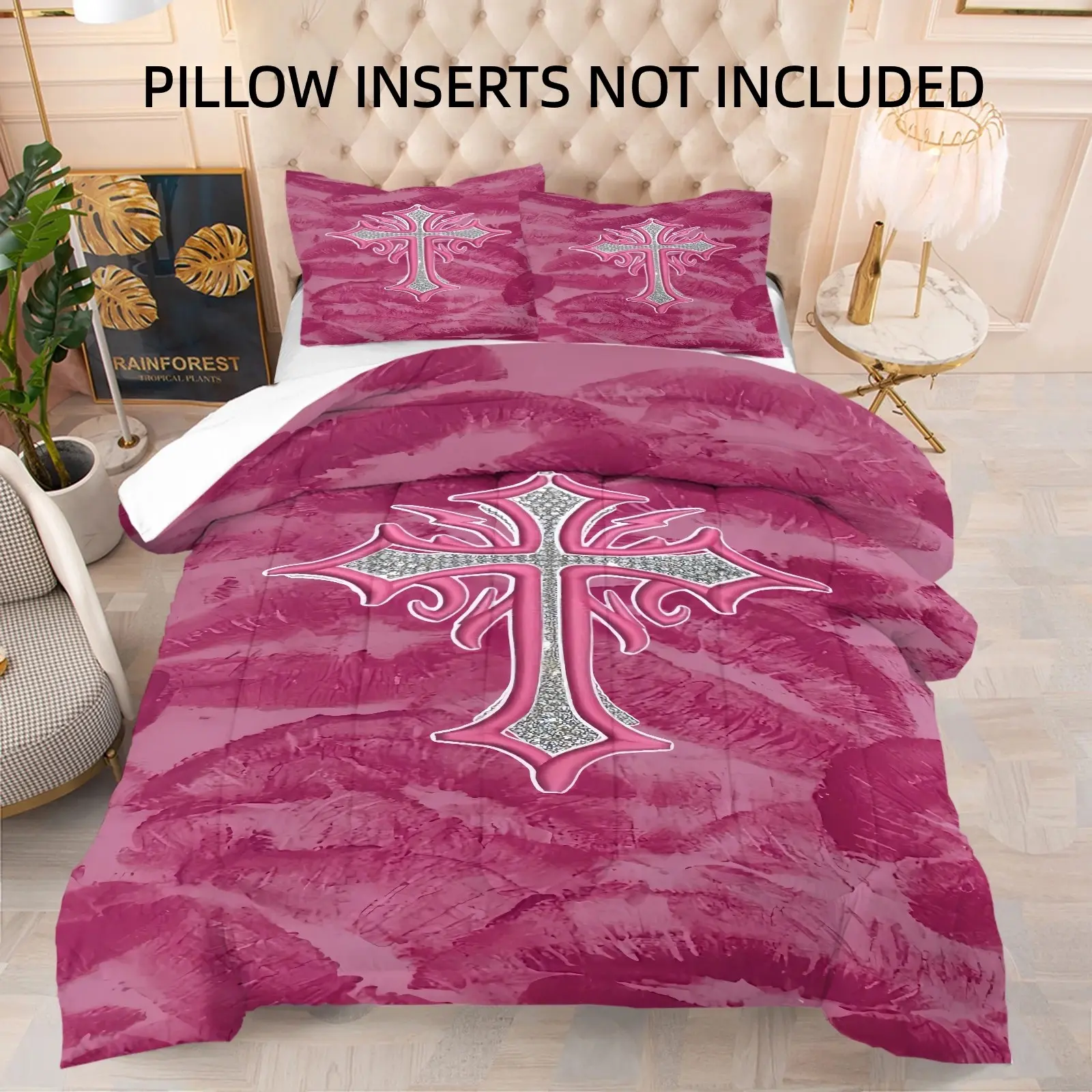 Gothic Cross Print Comforter Set, Y2K Punk Cross Print Quilted Bedding, 1 Comforter and 2 Pillowcases, No Pillow Inserts. Soft Lightweight Microfiber, Great For Teens and Adults’ Bedroom Decor