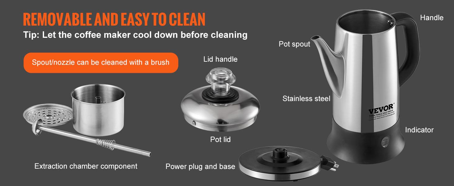 VEVOR 12-Cup Electric Percolator Coffee Pot, 304 Stainless Steel Coffee Percolator with Keep Warm Function Heat-Resistant Handle, Classic Coffee Maker, Quick Brew Easy-Pour Spout, Silver