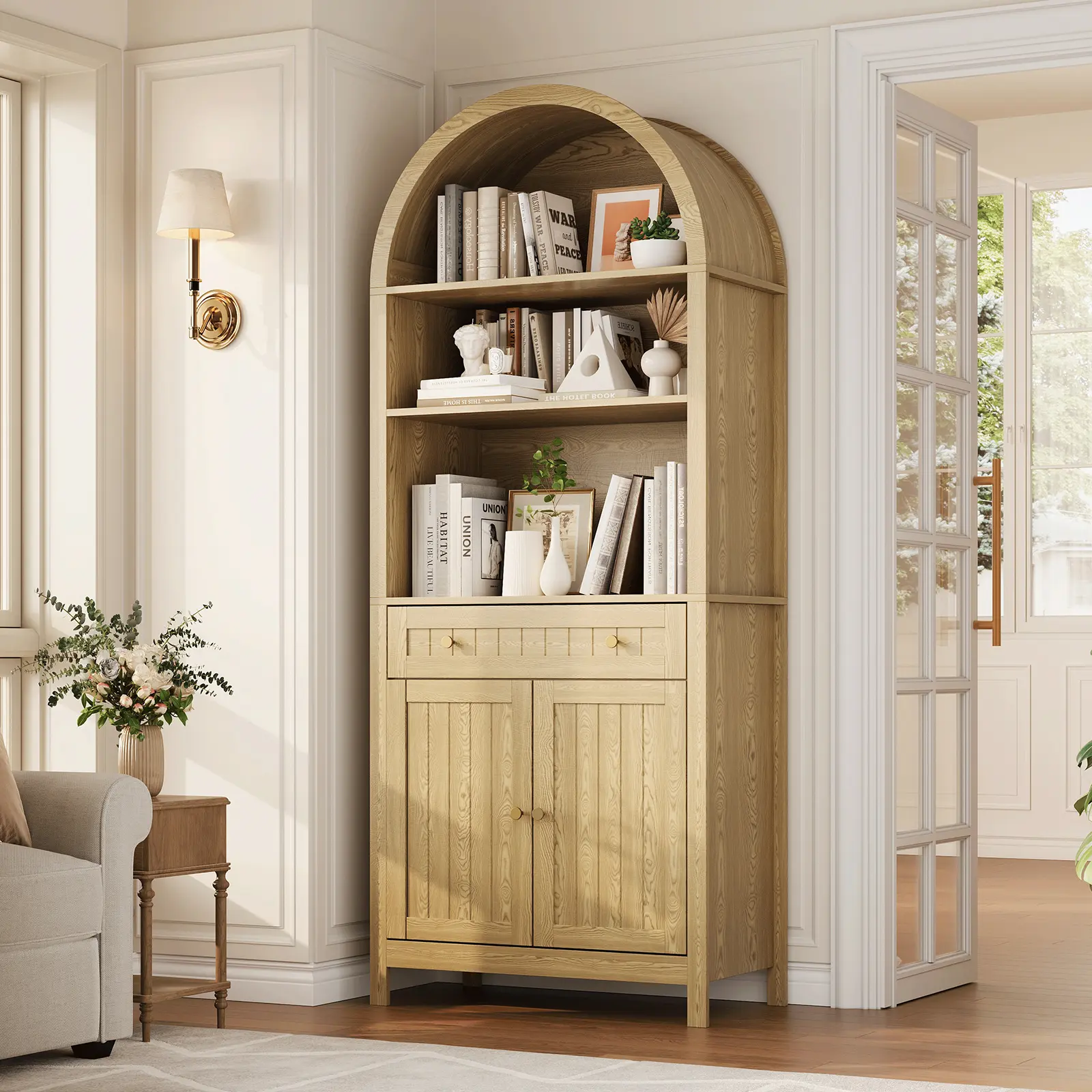 73" Tall Arched Farmhouse Bookcase, Modern Wood Storage Cabinet with Adjustable Shelves & Drawer, Freestanding Display for Office & Home, Oak