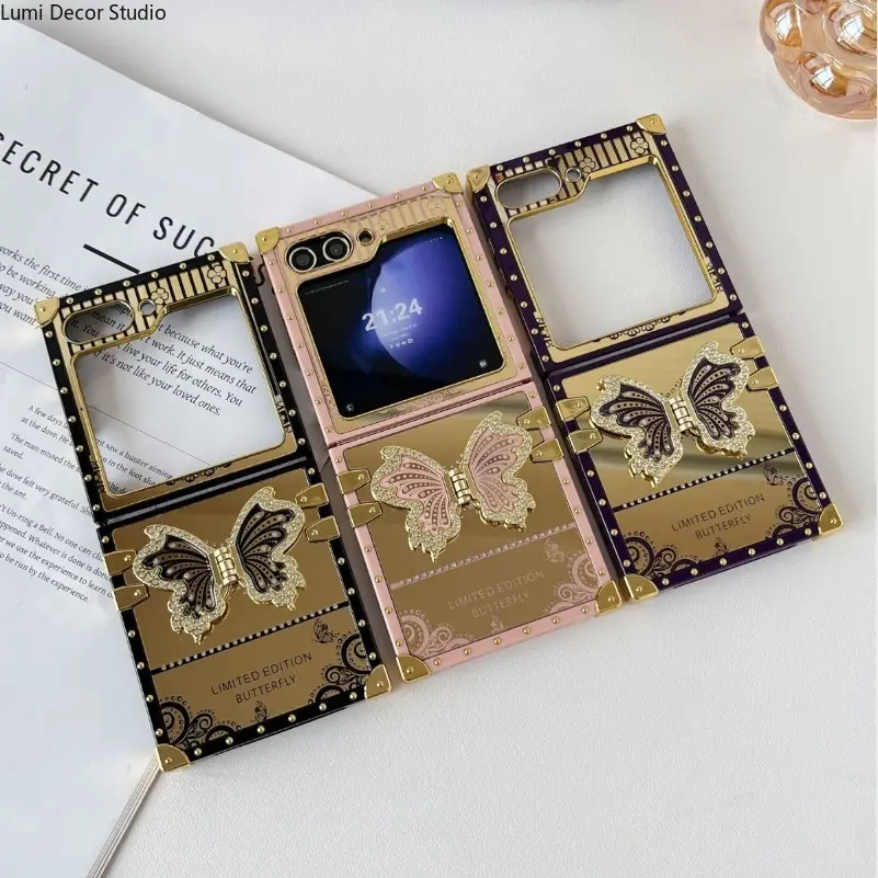 Mirror Butterfly Phone Case - Rhinestone Foldable Kickstand Protective Cover for Z Flip 3-7 Series Phones Daily Carry Style