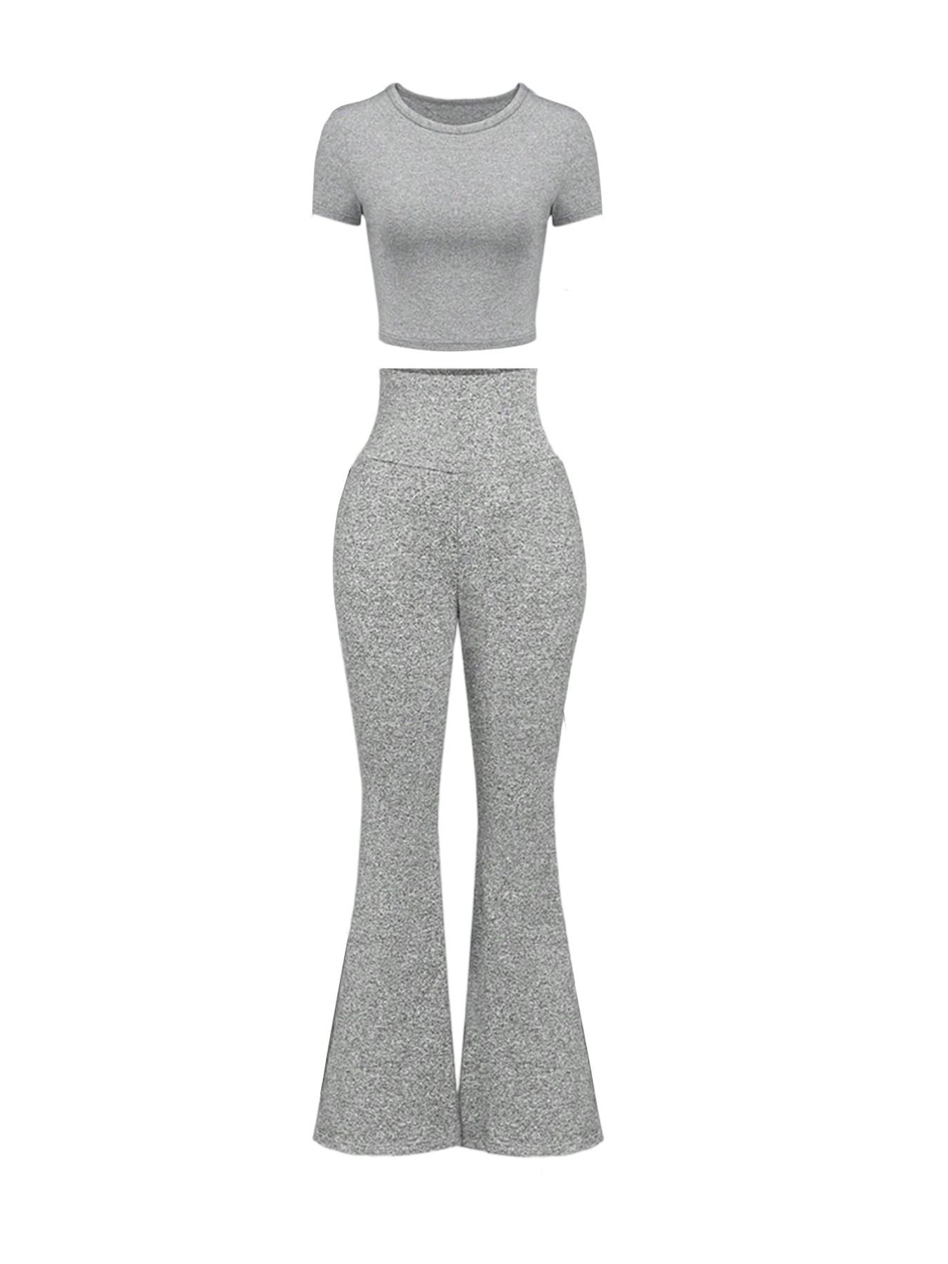 Women's High Waisted Flare Pants Set, 2 Piece, Short Sleeve Cropped T-Shirt Top, Bell Bottom Workout Sets, Casual Fashion, Athleisure Wear