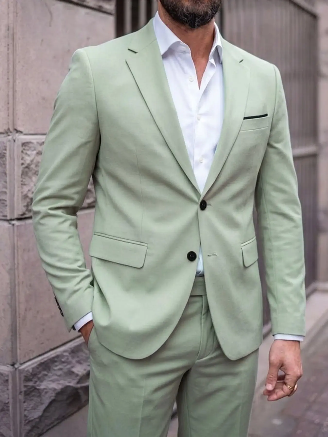 Men's Mint Two-Btn Suit Set, Italian Luxury Flat-Front Jacket, Slim Fit Nine-Pocket Pants, Wedding, Outdoor Photoshoot, Business Casual
