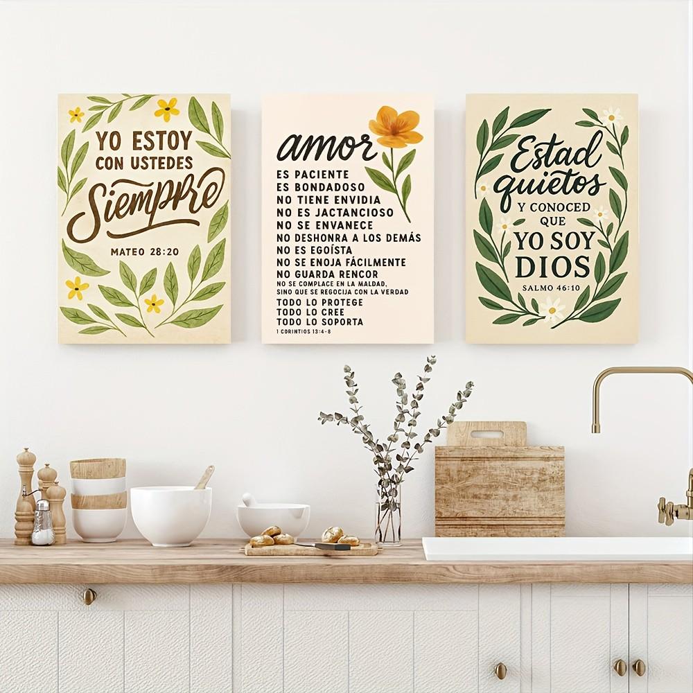 3pcs Religious Canvas Wall Art, Spanish Bible Text, Floral Elements, Wooden Frame, Home Office Church Decor, Jesus Theme Gift