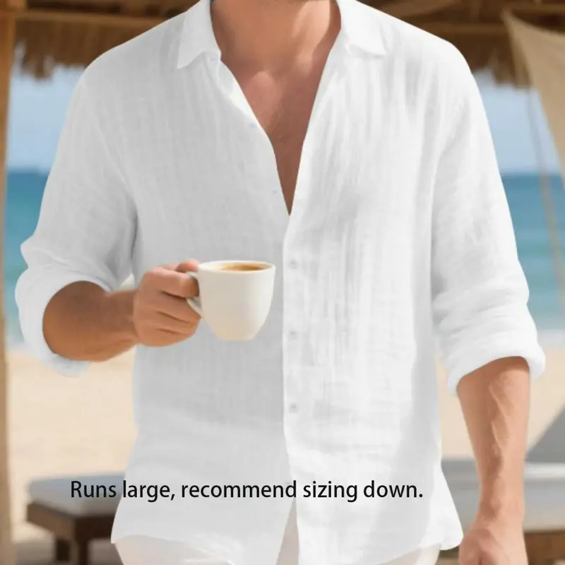 Men's Linen Breathable Long Sleeve Button-Down Casual Soft Shirt, Loose Fit Casual Top for Spring & Fall, Comfortable Men's Clothing